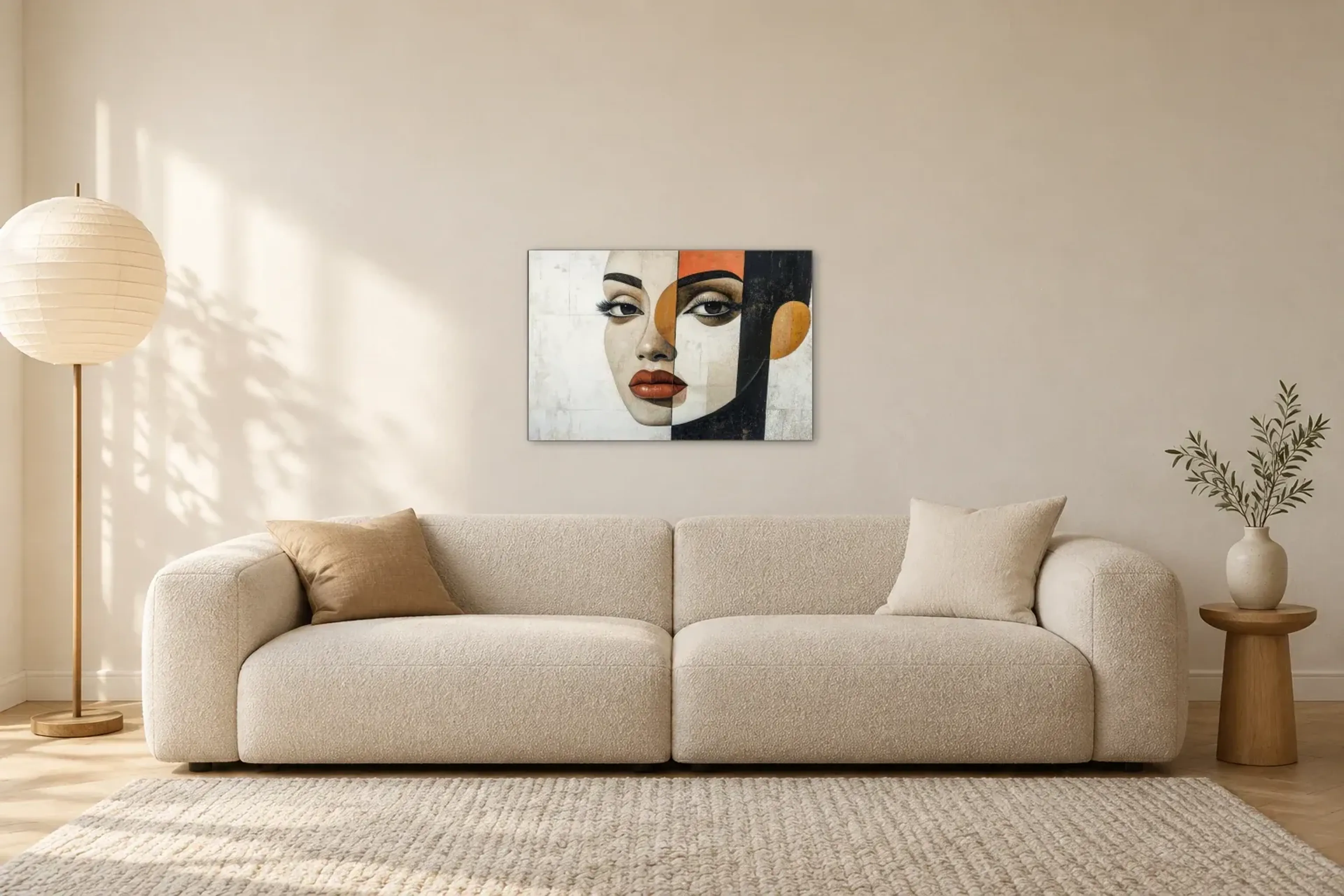 Gesicht in Geometrie als Wandbild über einem 230-cm-Sofa