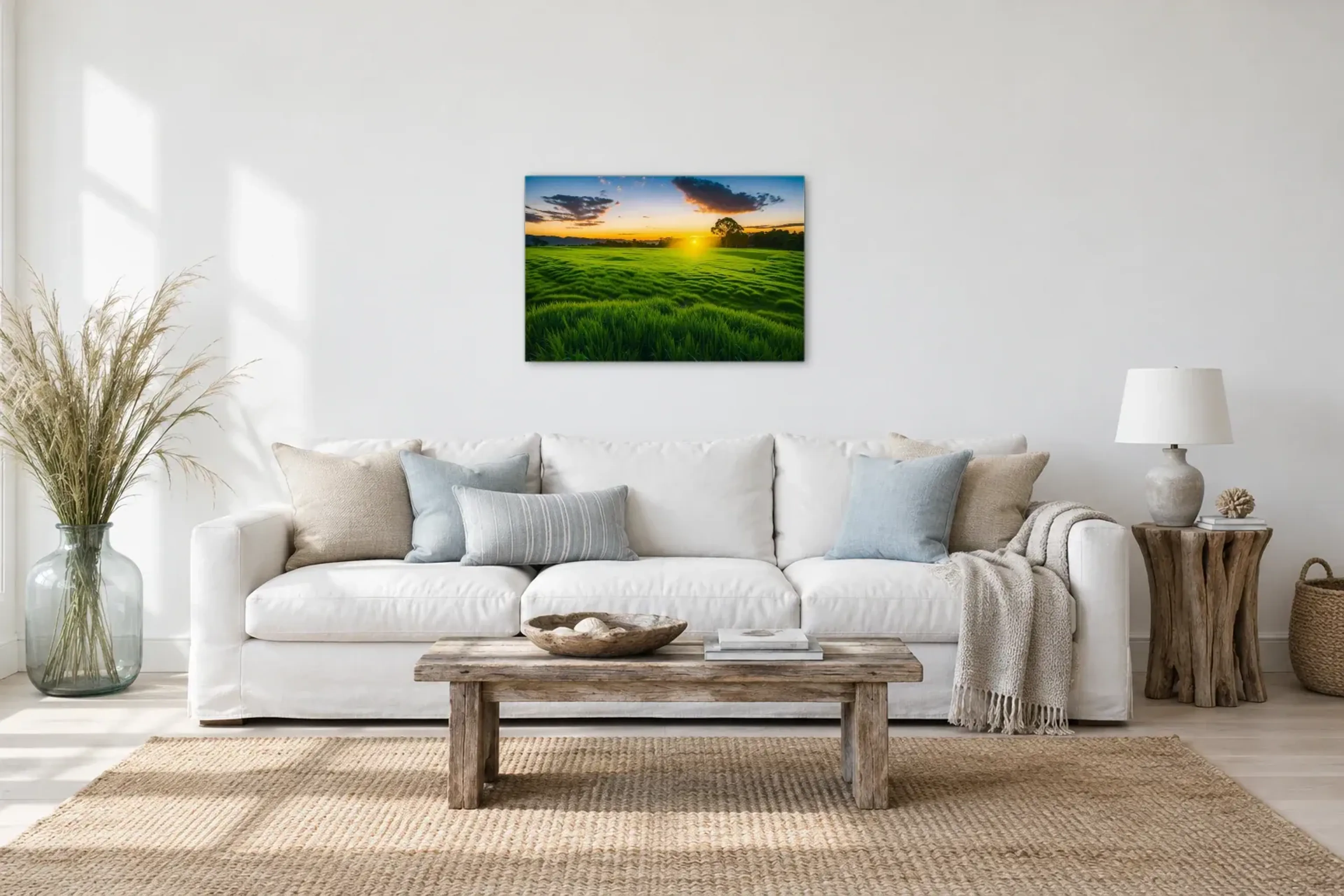Wiese im Abendlicht als Wandbild über einem 220-cm-Sofa
