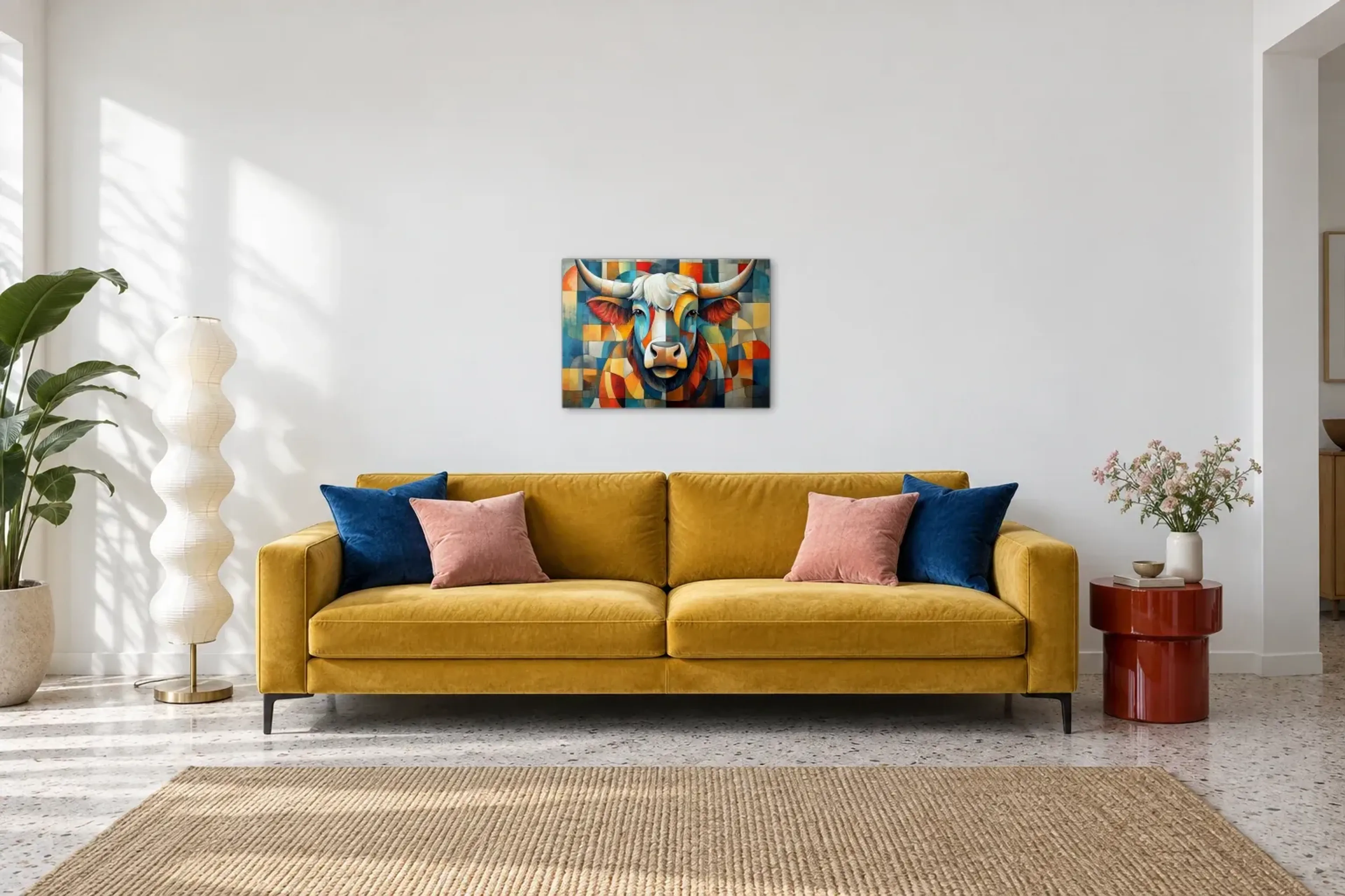 Hochlandrind mit weißem Schopf als Wandbild über einem 220-cm-Sofa