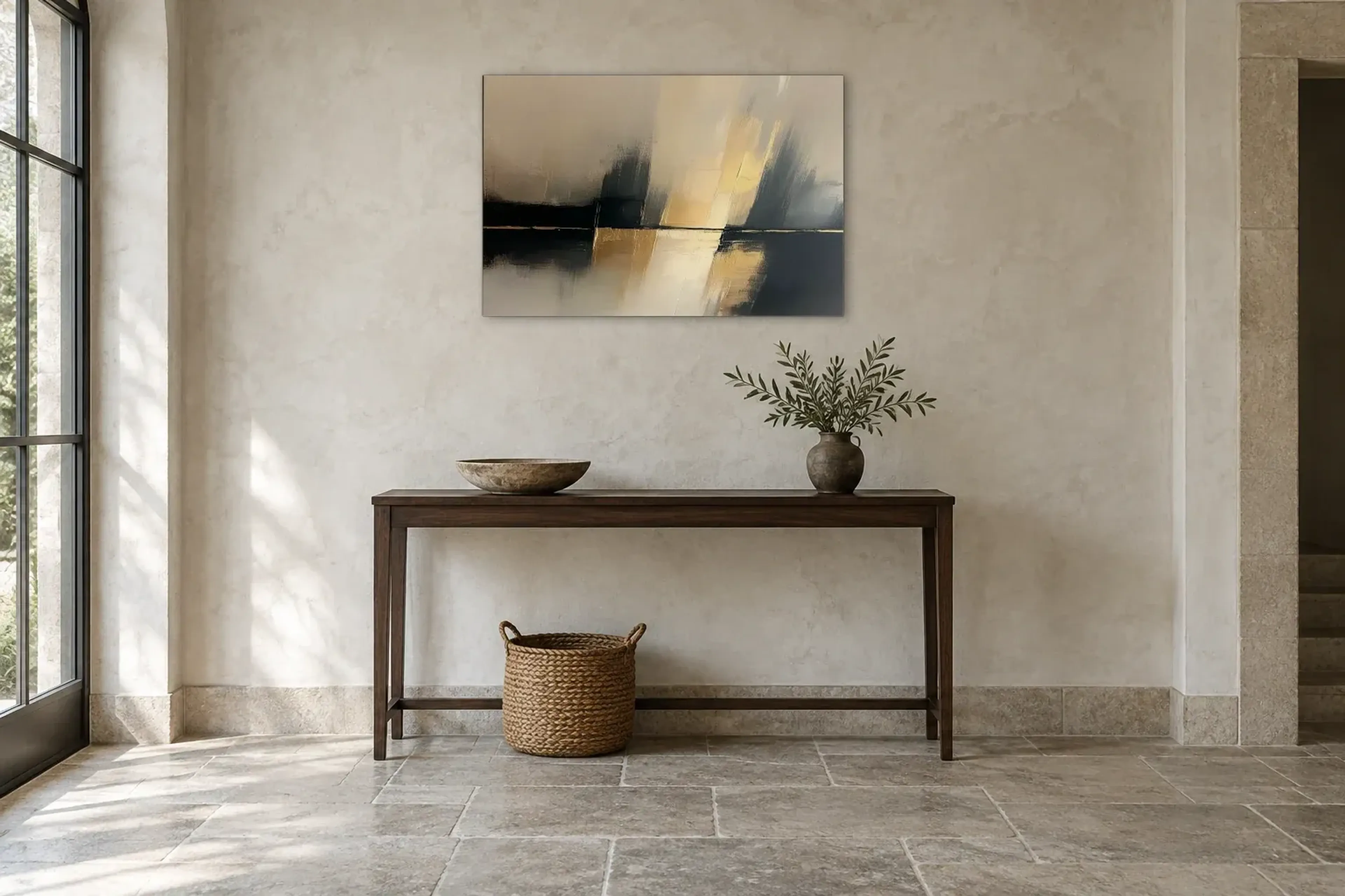Goldener Horizont als Wandbild über einer 120-cm-Konsole