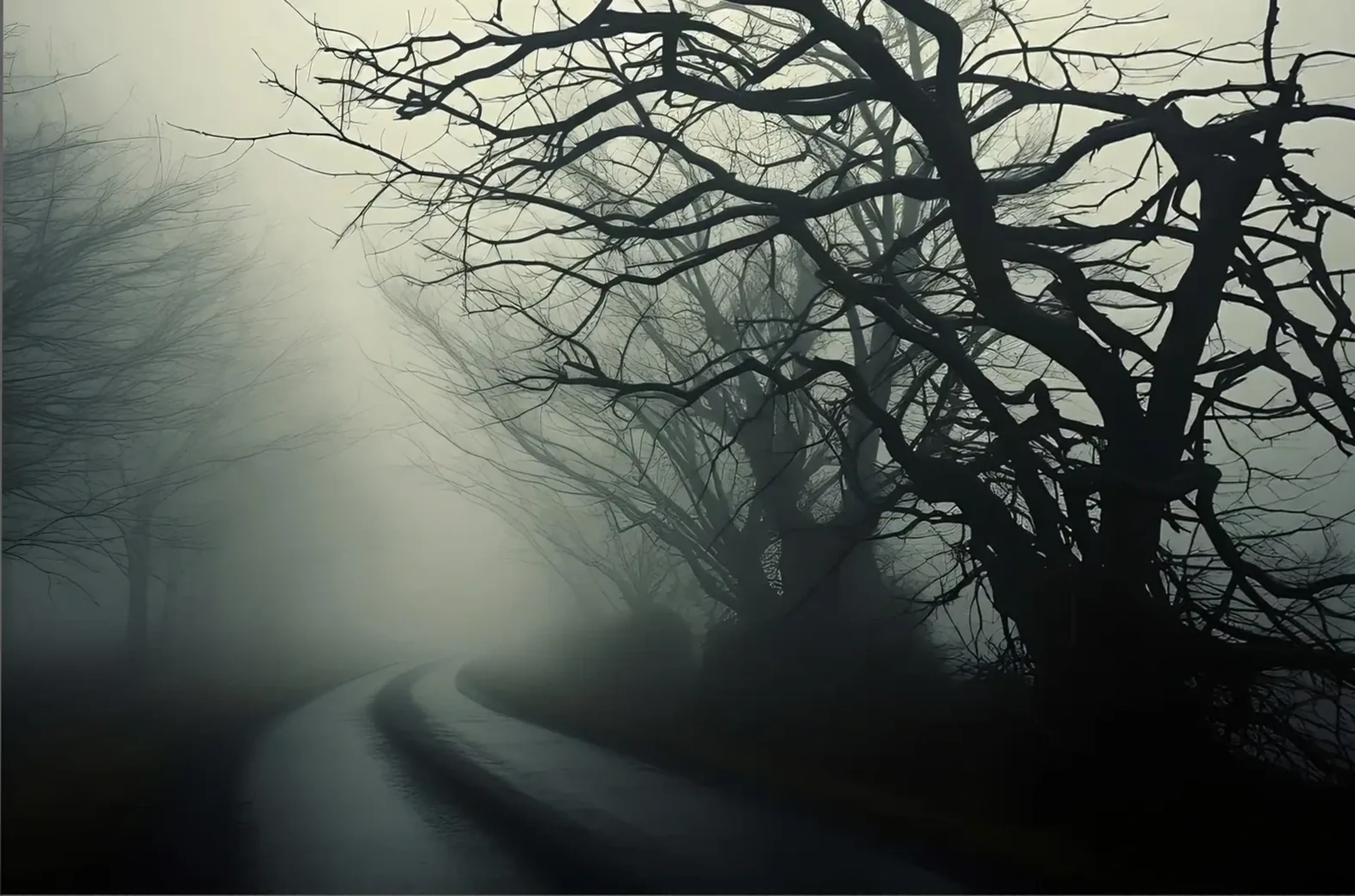 Eine leere, kurvige Straße verschwindet zwischen kahlen Bäumen im dichten graugrünen Nebel.