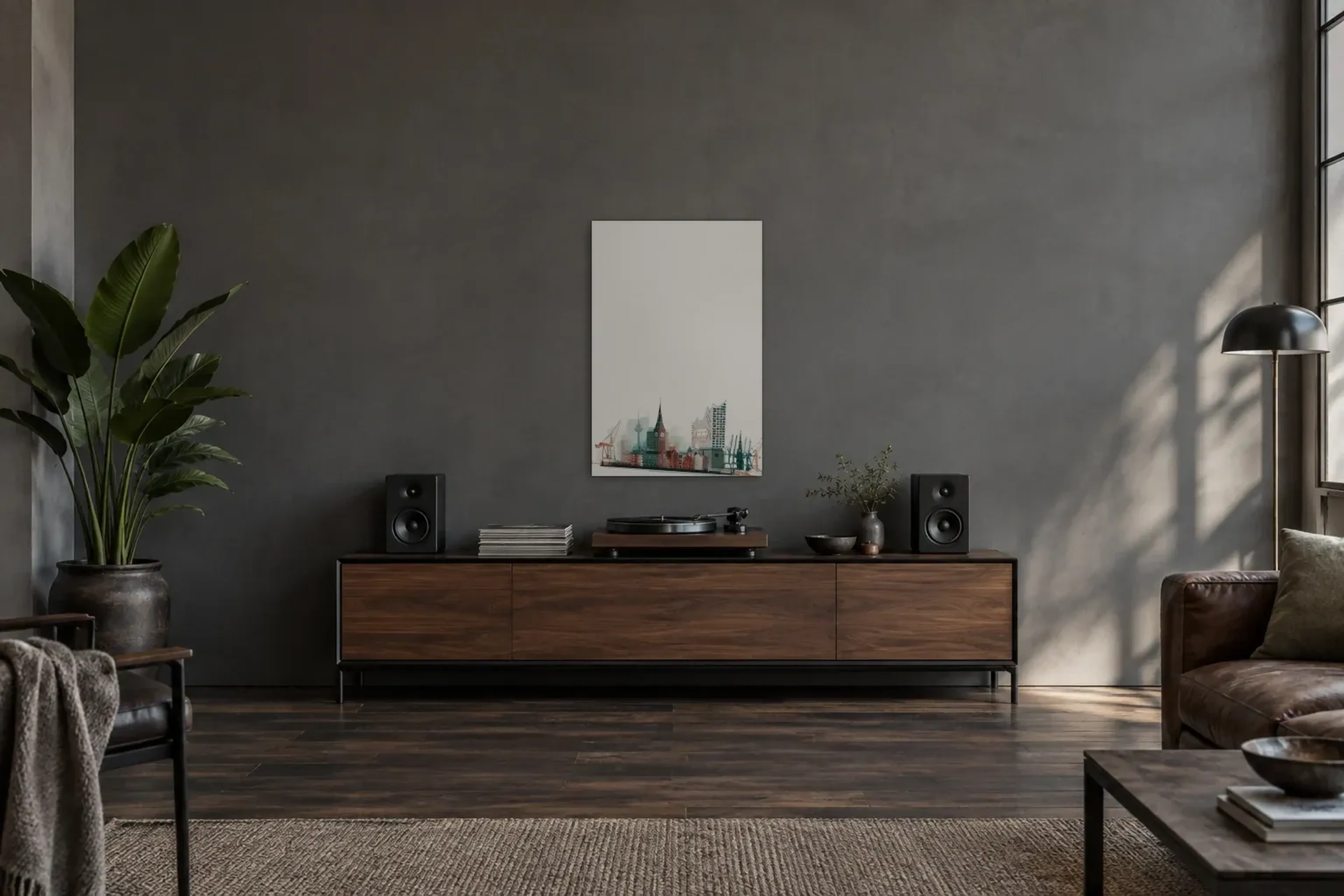 Hamburg in feinen Konturen als Wandbild über einem 200-cm-Sideboard
