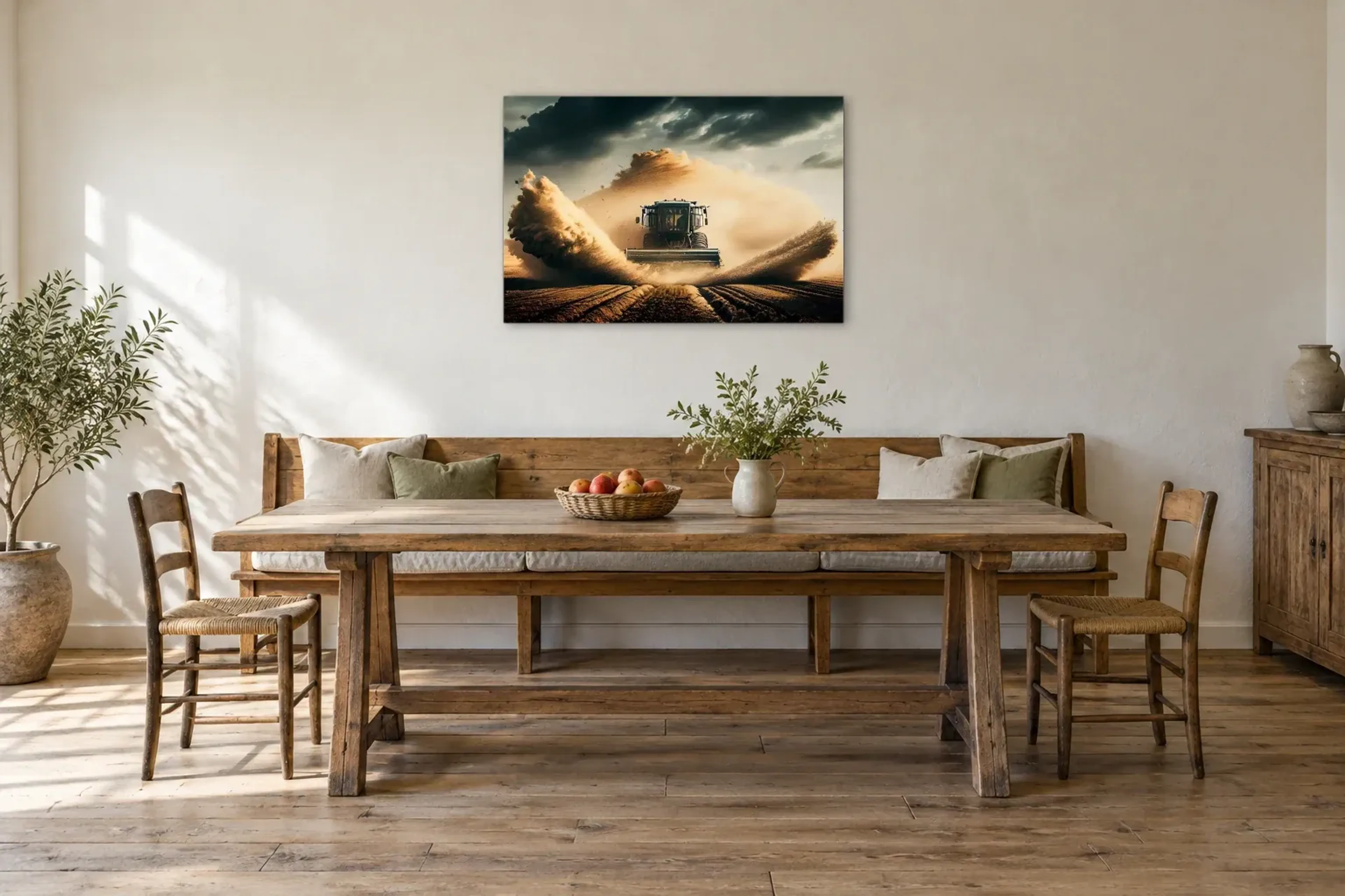 Mähdrescher im Erntestaub als Wandbild über einer 200-cm-Sitzbank