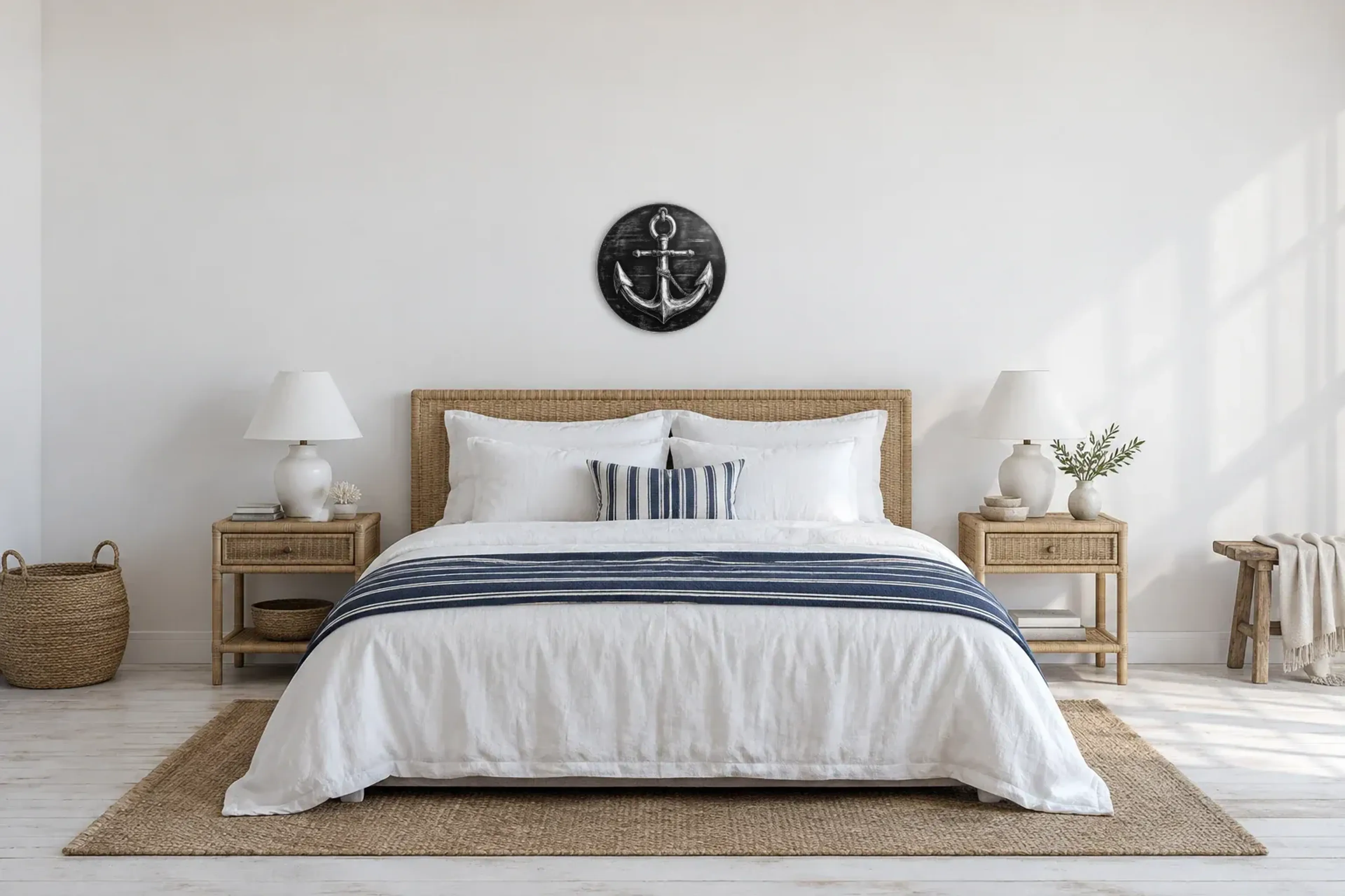 Anker mit Tau als Wandbild über einem 180-cm-Bett