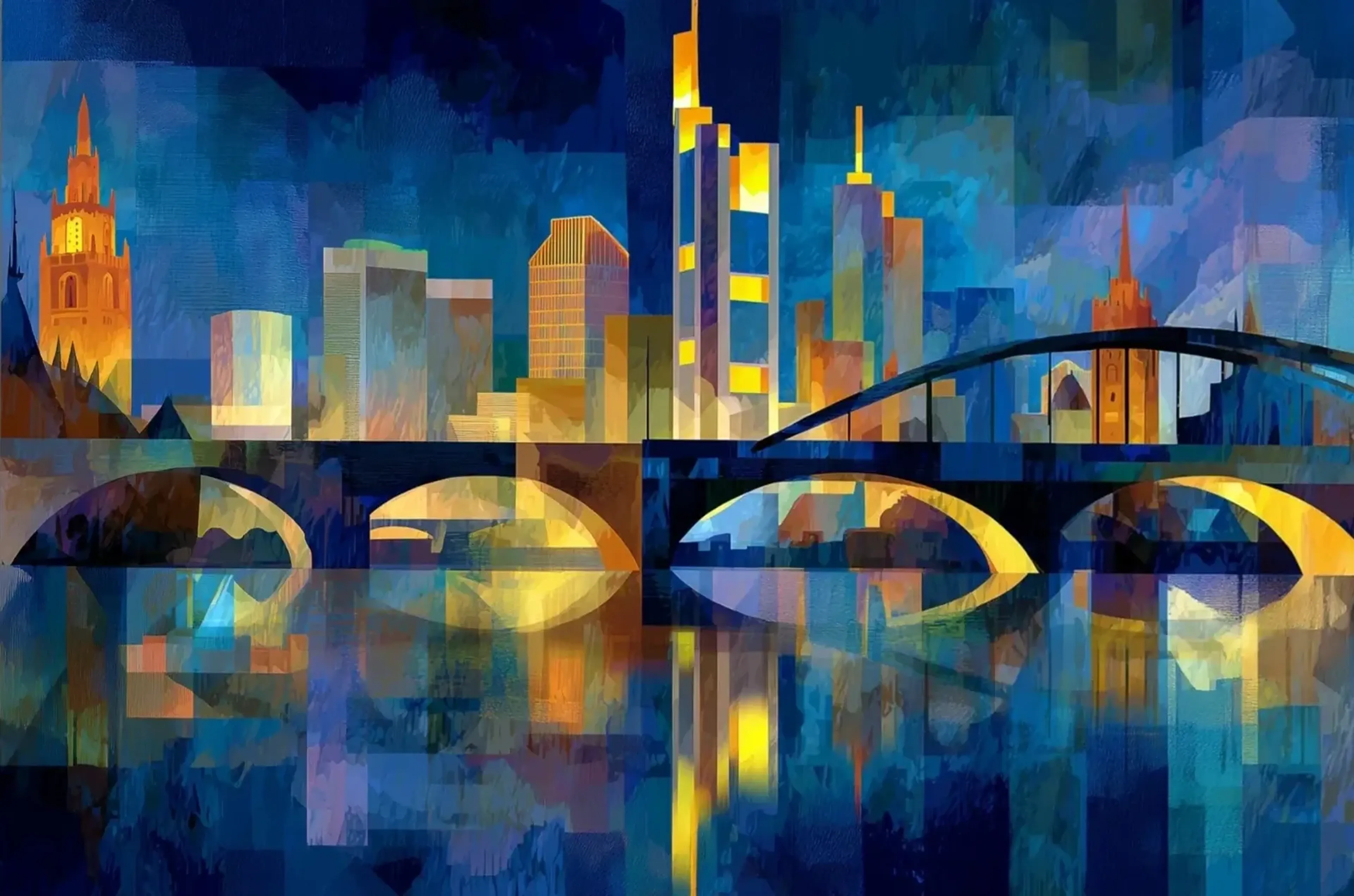 Abstrakte Frankfurter Stadtansicht in Blau und Goldgelb mit Brückenbögen und farbigen Spiegelungen.