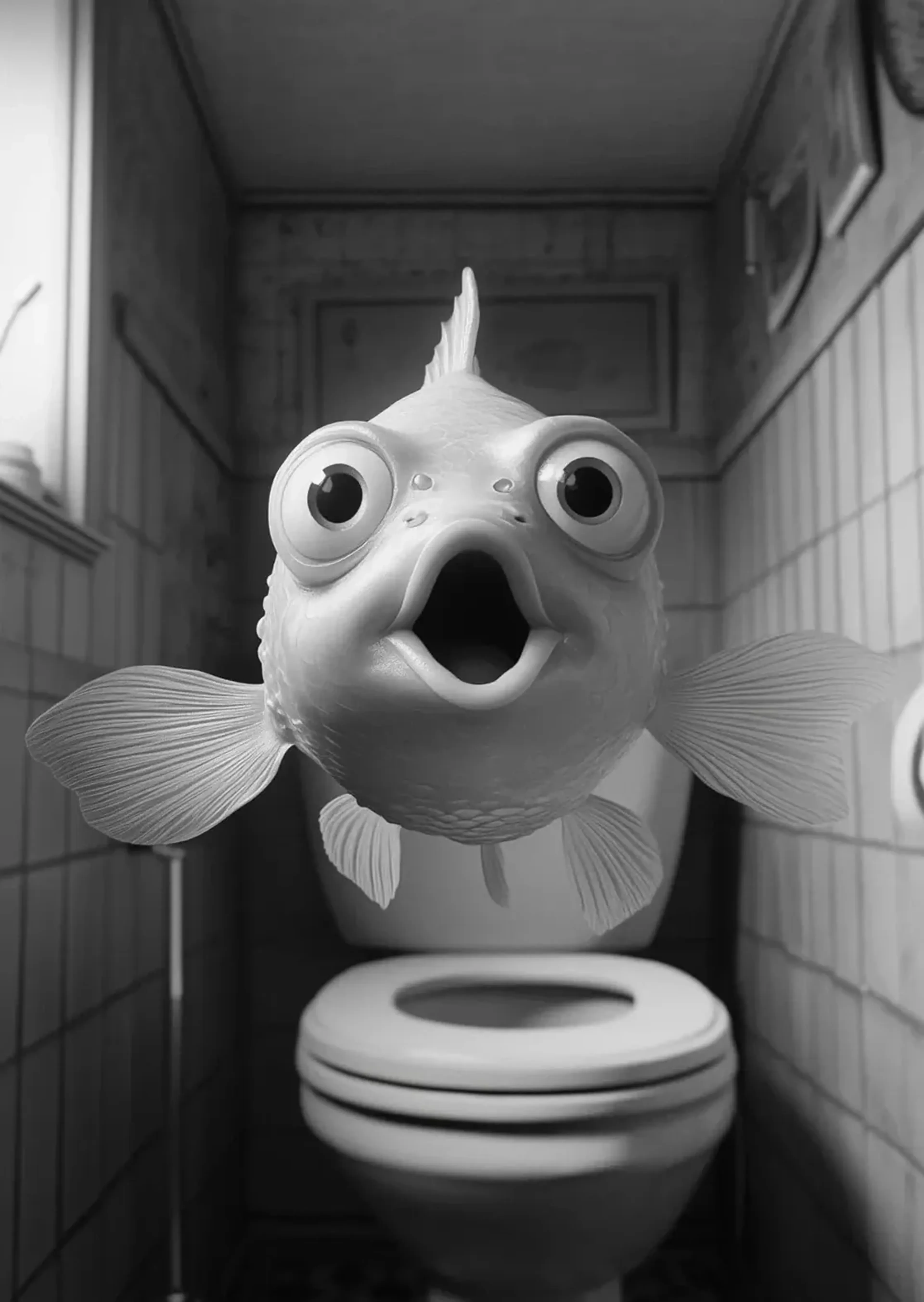 Ein Goldfisch mit großen Augen und offenem Mund schwebt vor einer Toilette in einem dunklen gefliesten Raum.