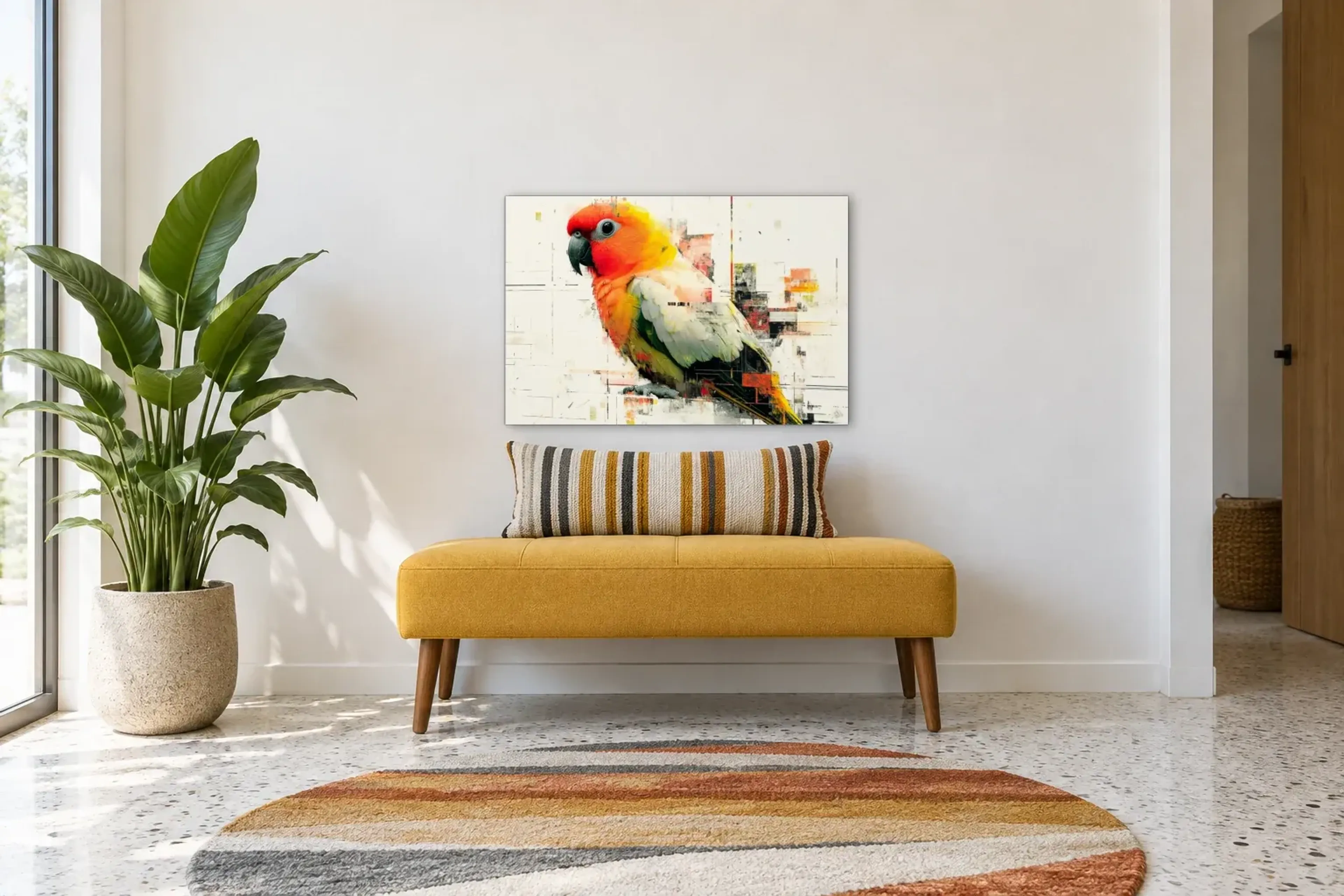 Papagei auf hellem Grund als Wandbild über einer 120-cm-Bank