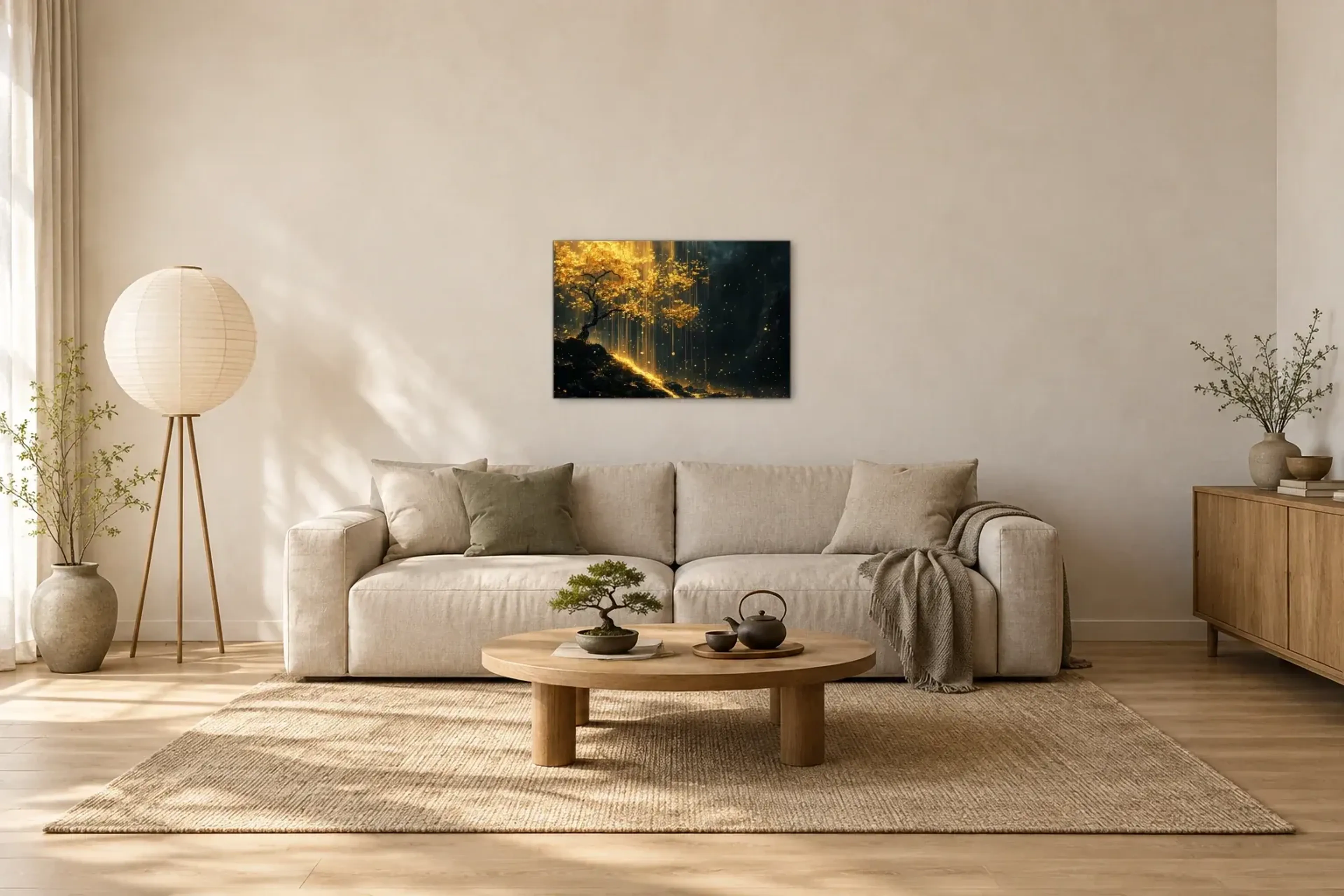Goldene Äste als Wandbild über einem 220-cm-Sofa
