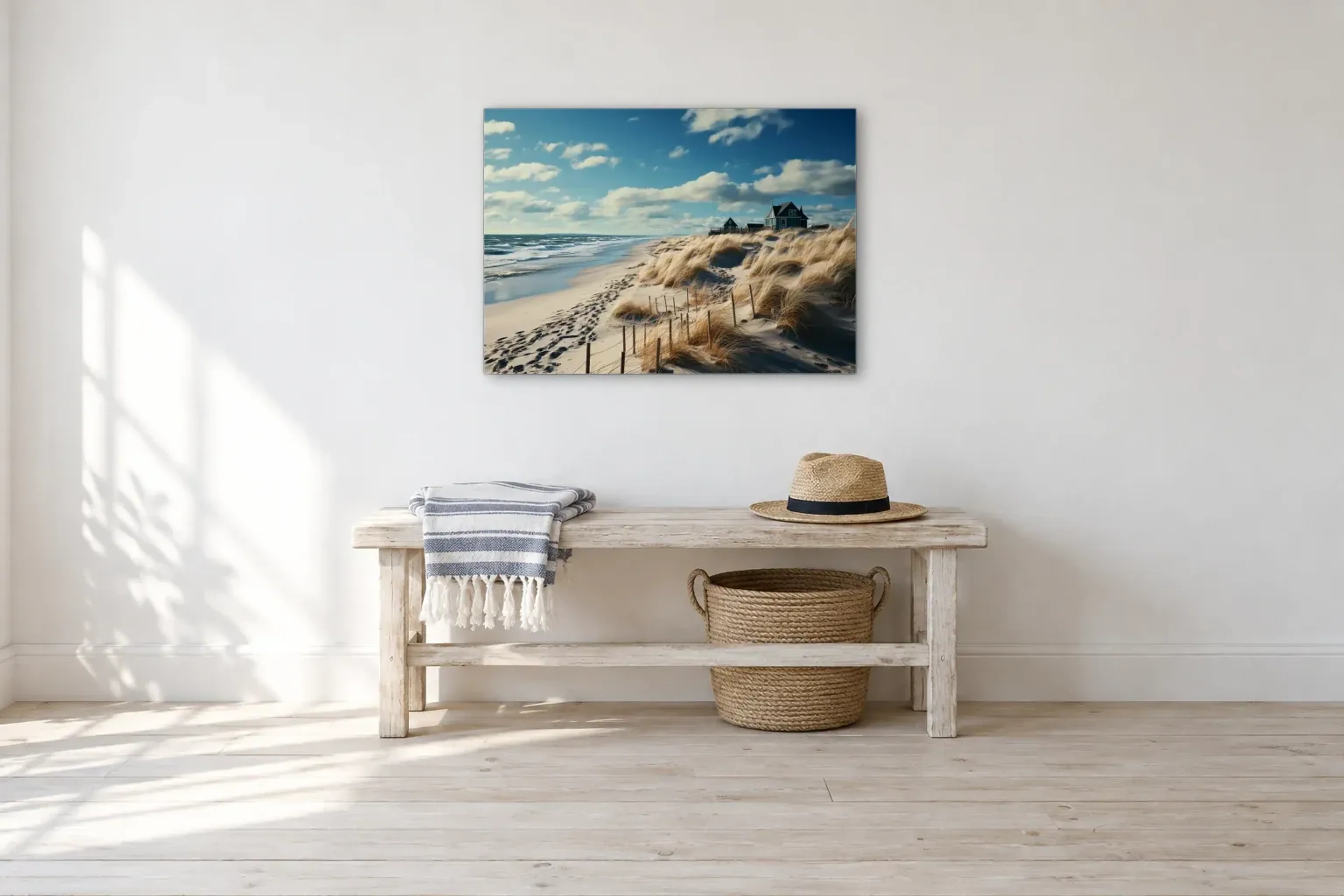 Sylt Düne als Wandbild über einer 100-cm-Bank