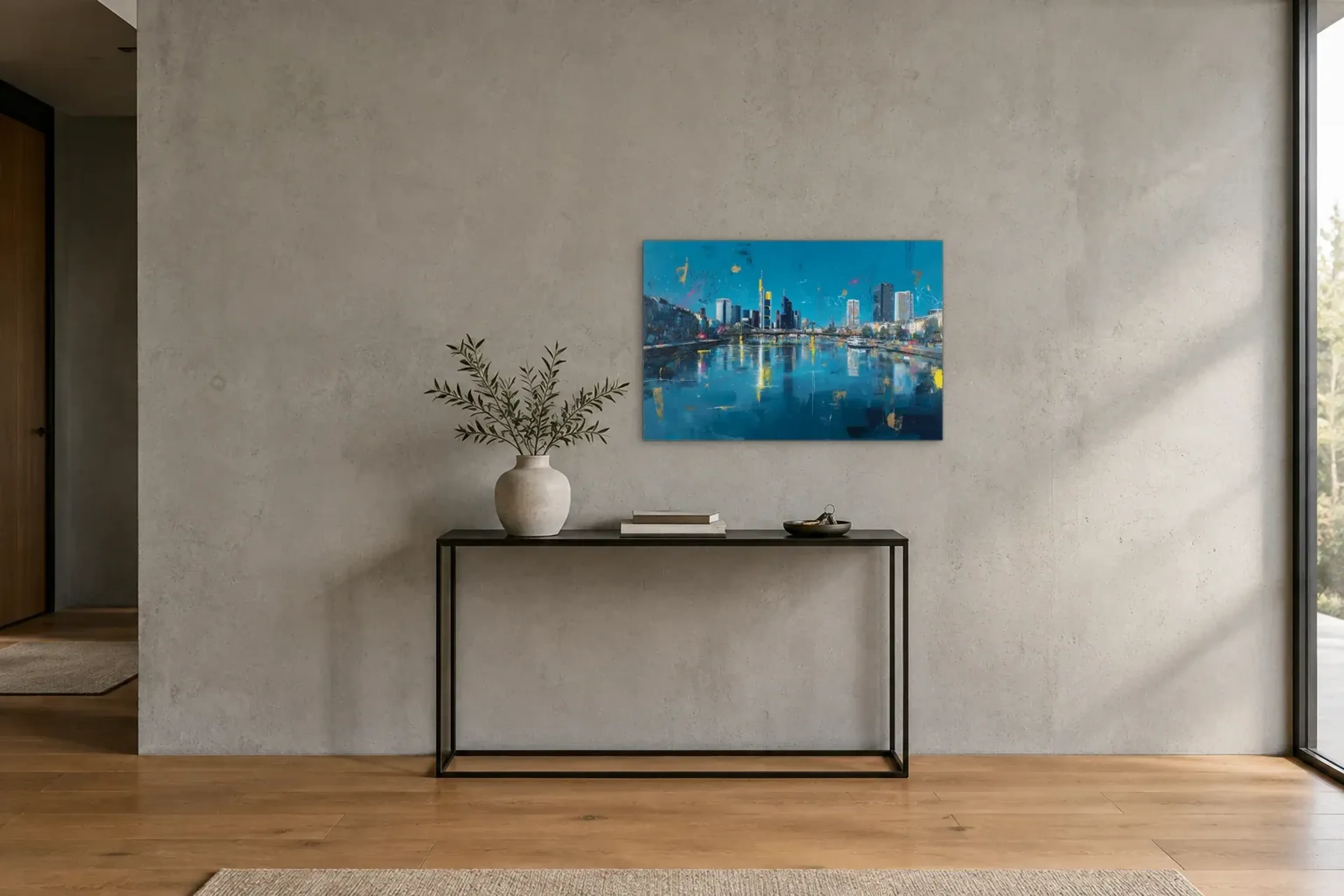 Frankfurt am blauen Main als Wandbild über einer 120-cm-Konsole
