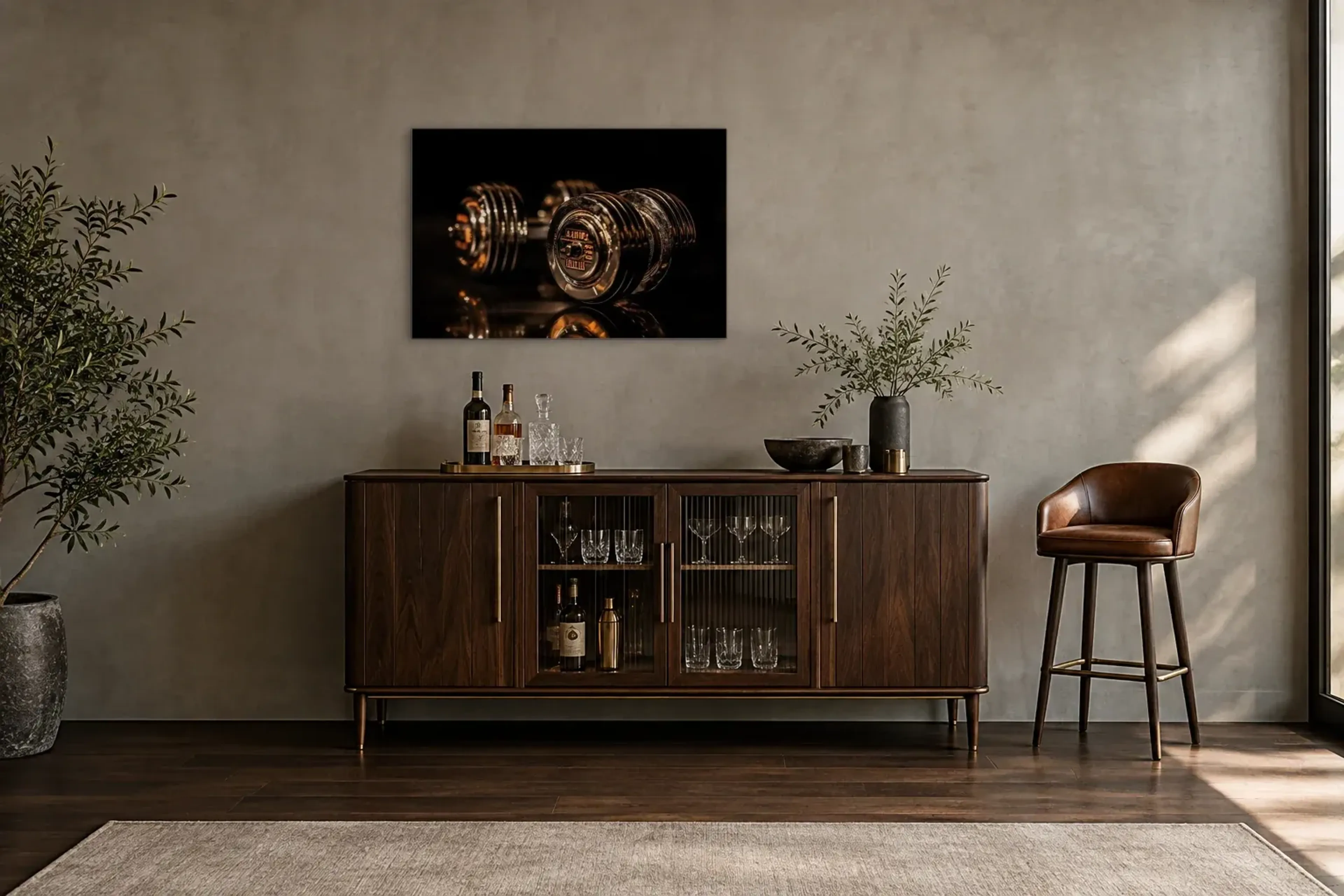 Hanteln im Licht als Wandbild über einem 150-cm-Barschrank