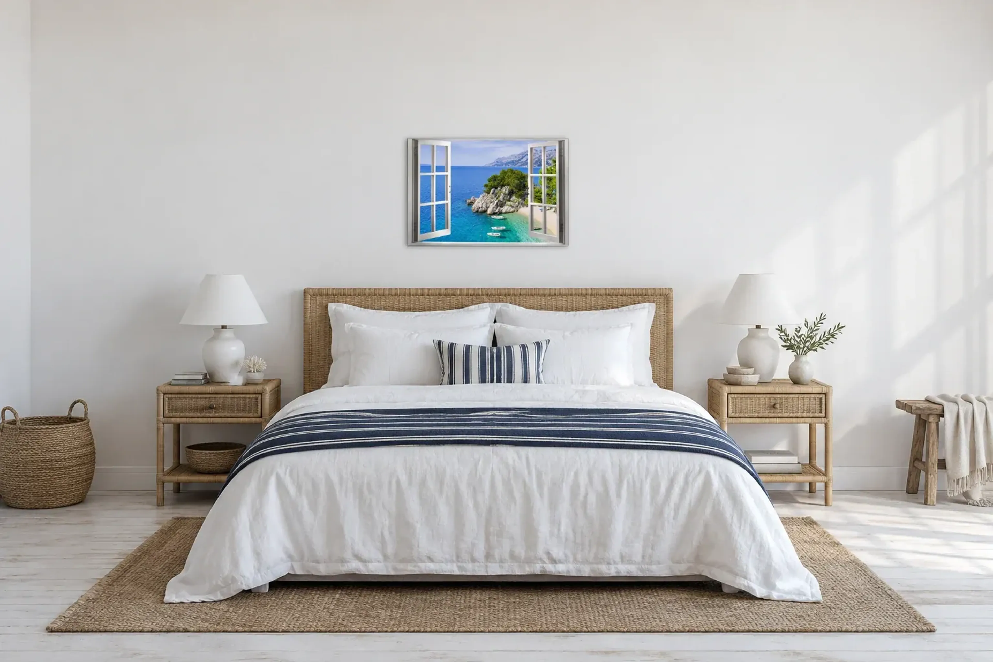 Boote in der Felsenbucht als Wandbild über einem 180-cm-Bett