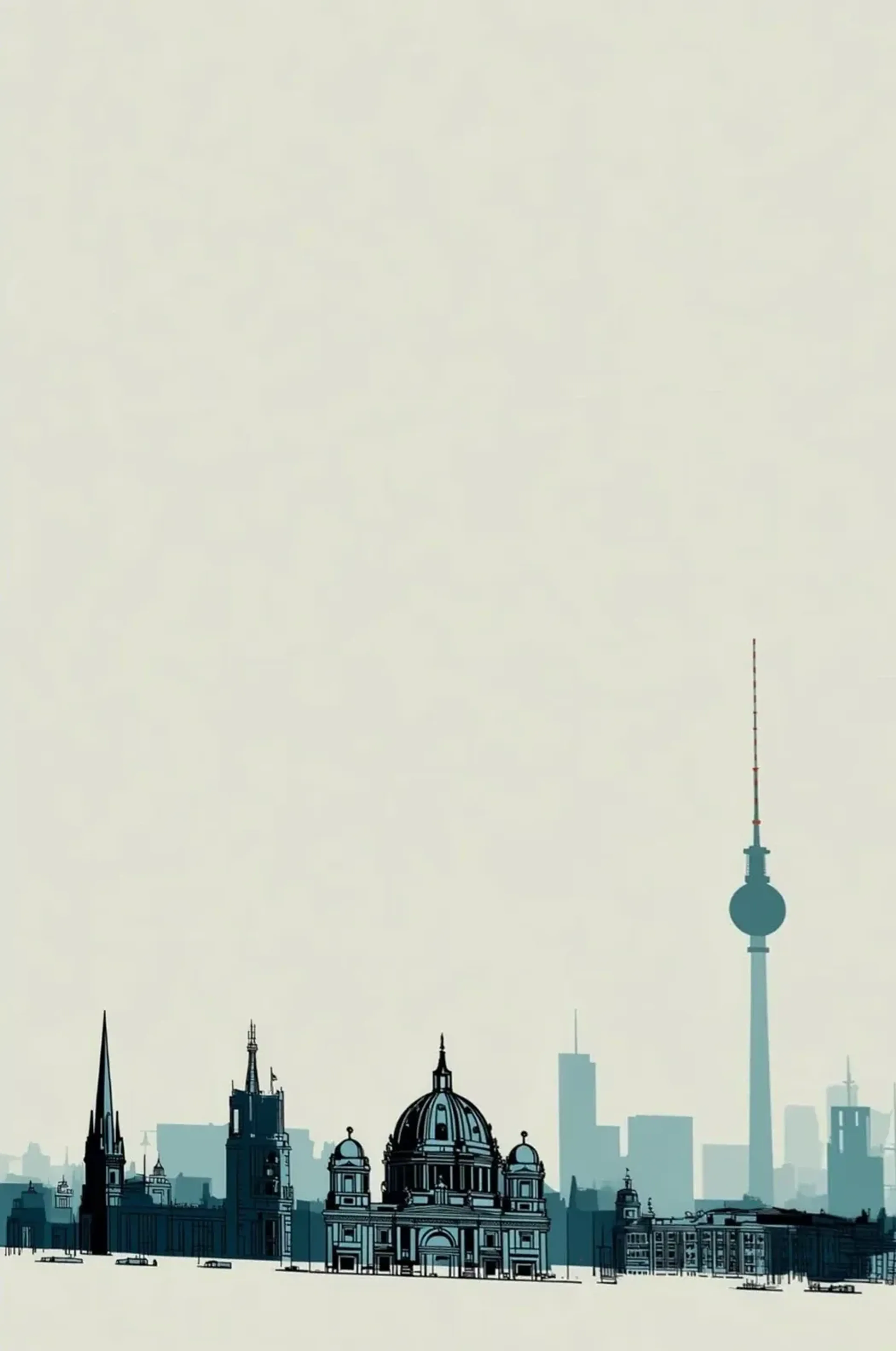 Berliner Dom und dunkle Gebäudesilhouetten stehen vor einer hellen Skyline mit Fernsehturm auf cremefarbenem Grund.