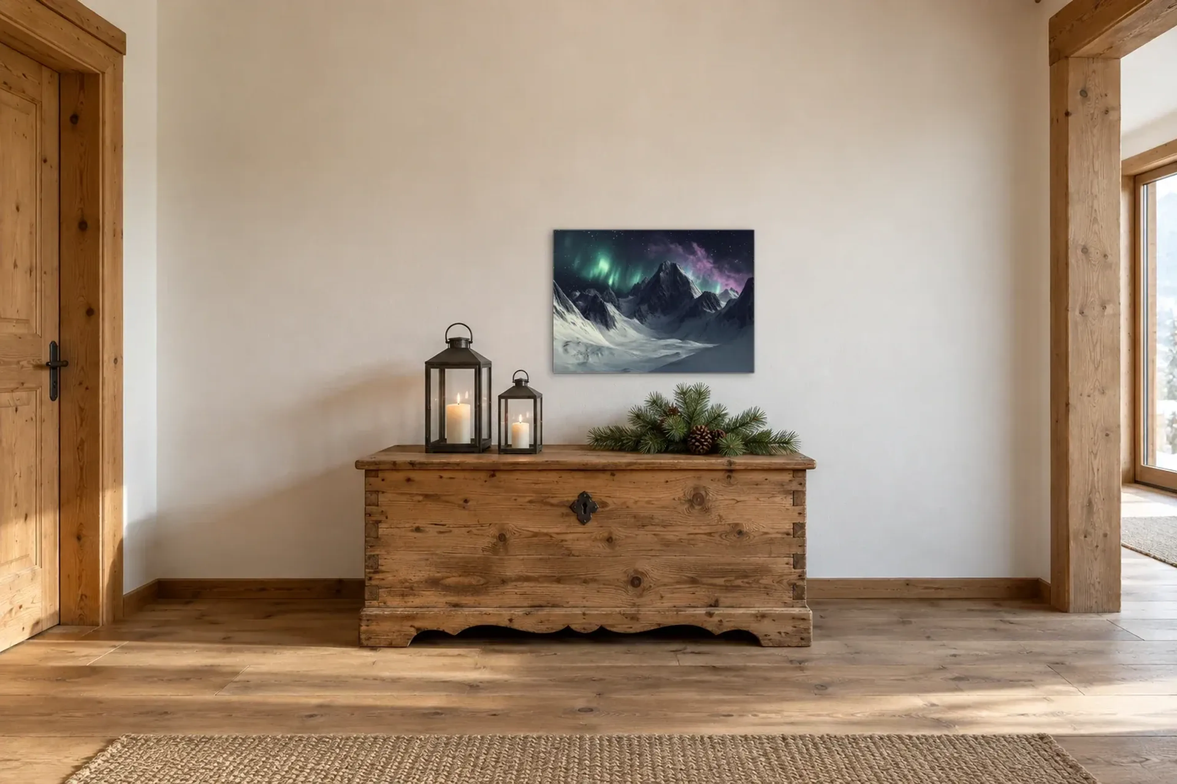 Polarlicht als Wandbild über einer 140-cm-Truhe