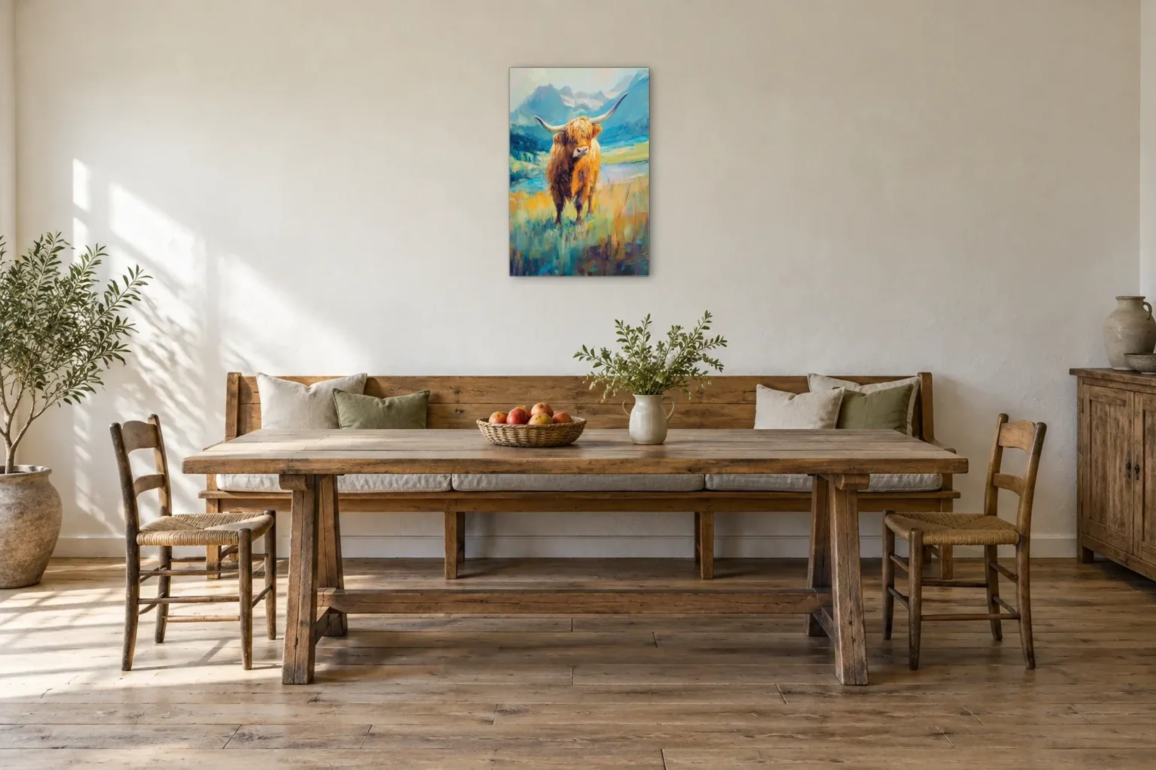 Hochlandrind auf Sommerwiese als Wandbild über einer 200-cm-Sitzbank