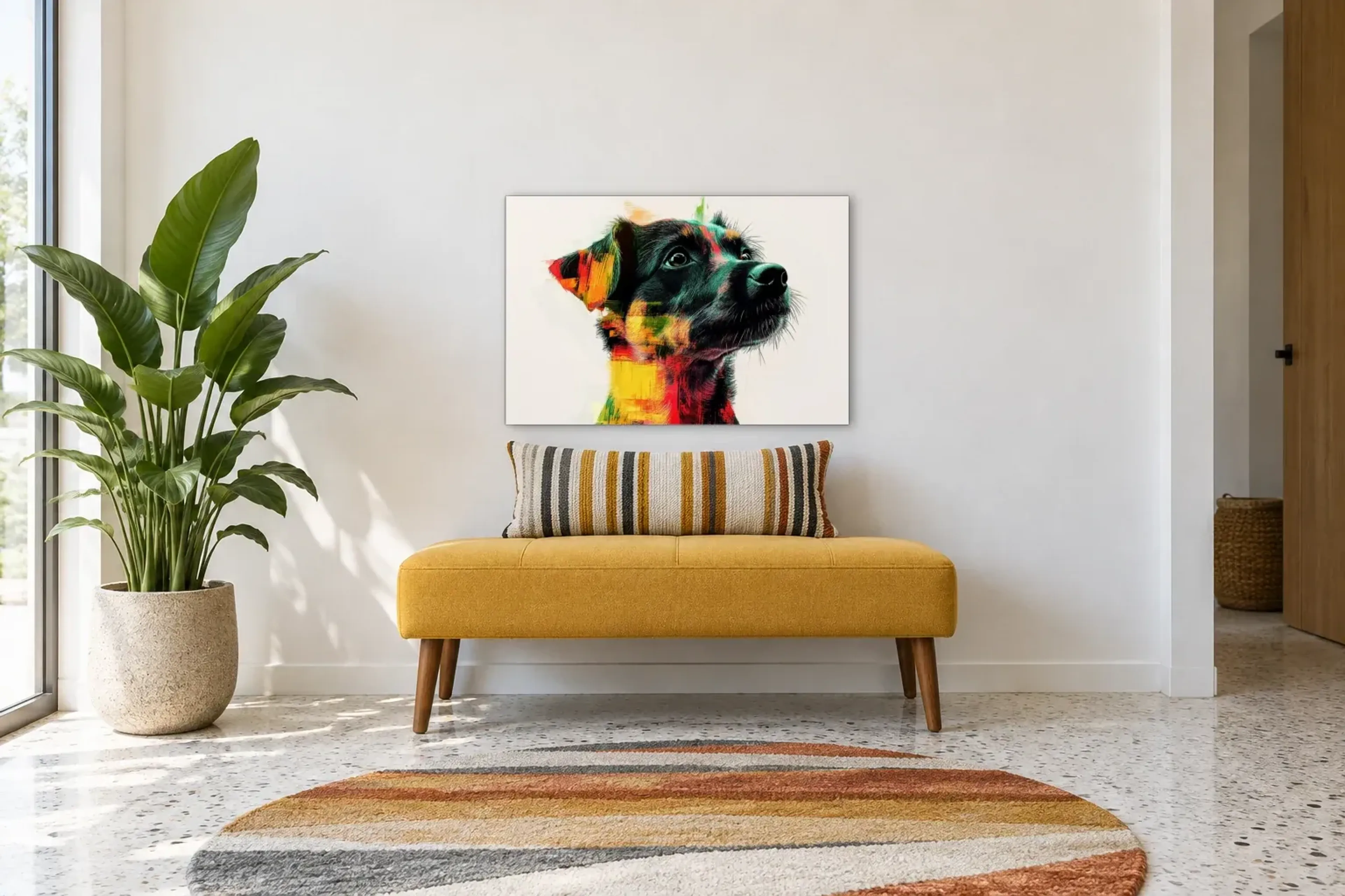 Mischling in Farbe als Wandbild über einer 120-cm-Bank