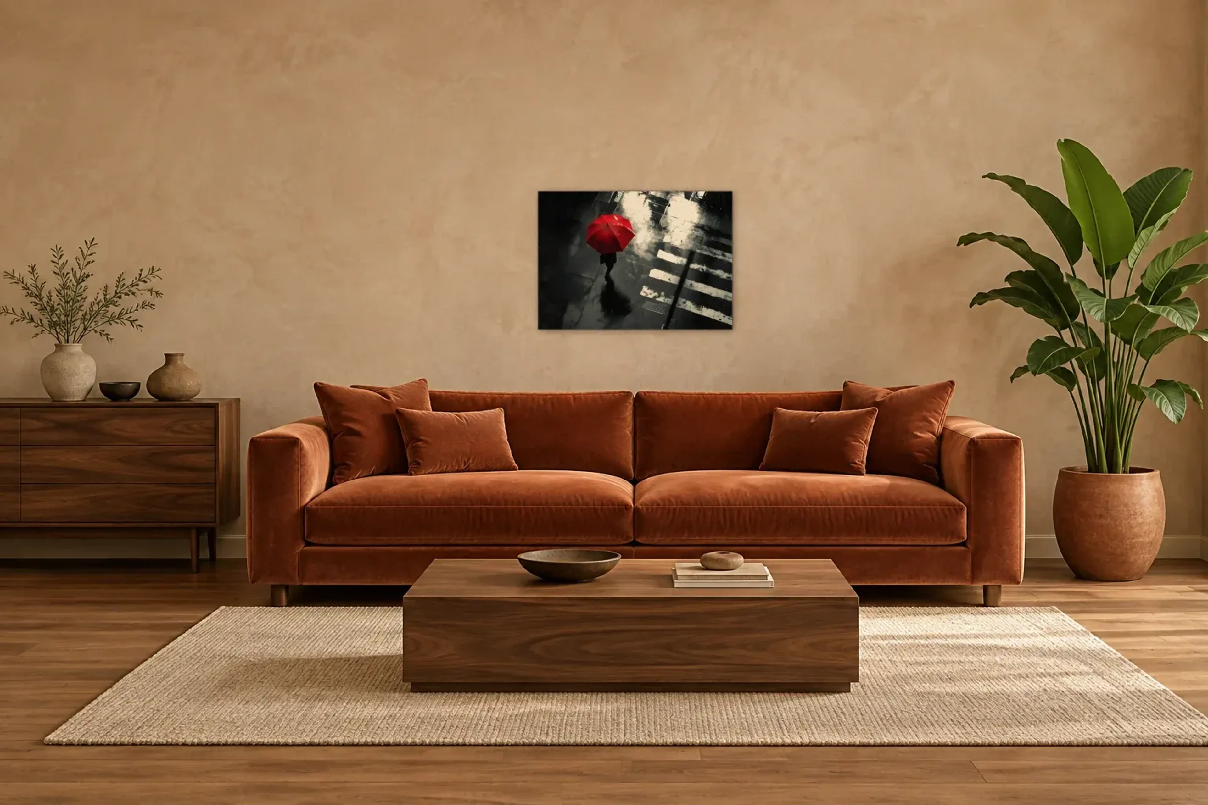 Roter Schirm im Regen als Wandbild über einem 220-cm-Sofa