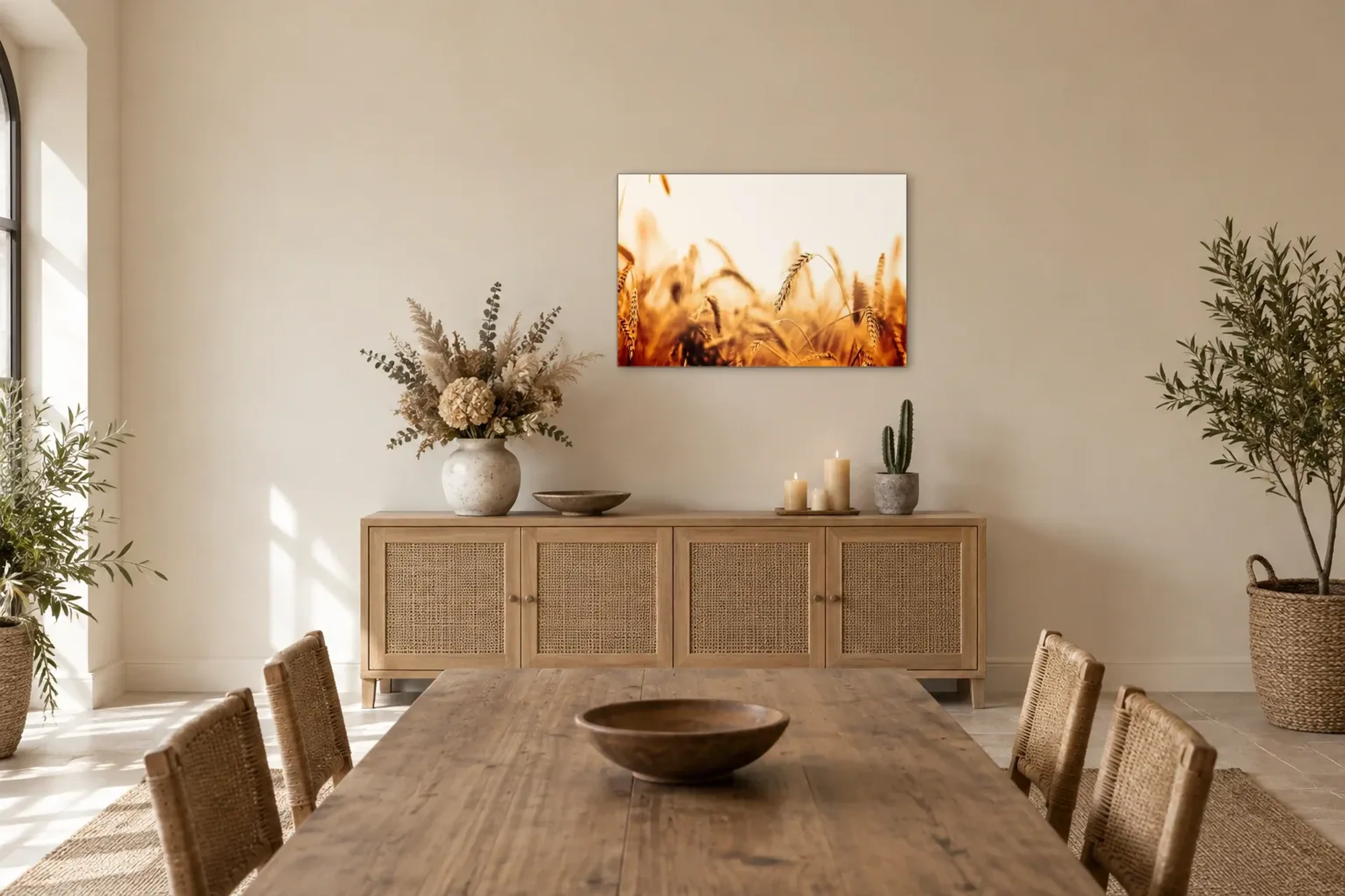 Korn im Sonnenlicht als Wandbild über einem 160-cm-Sideboard