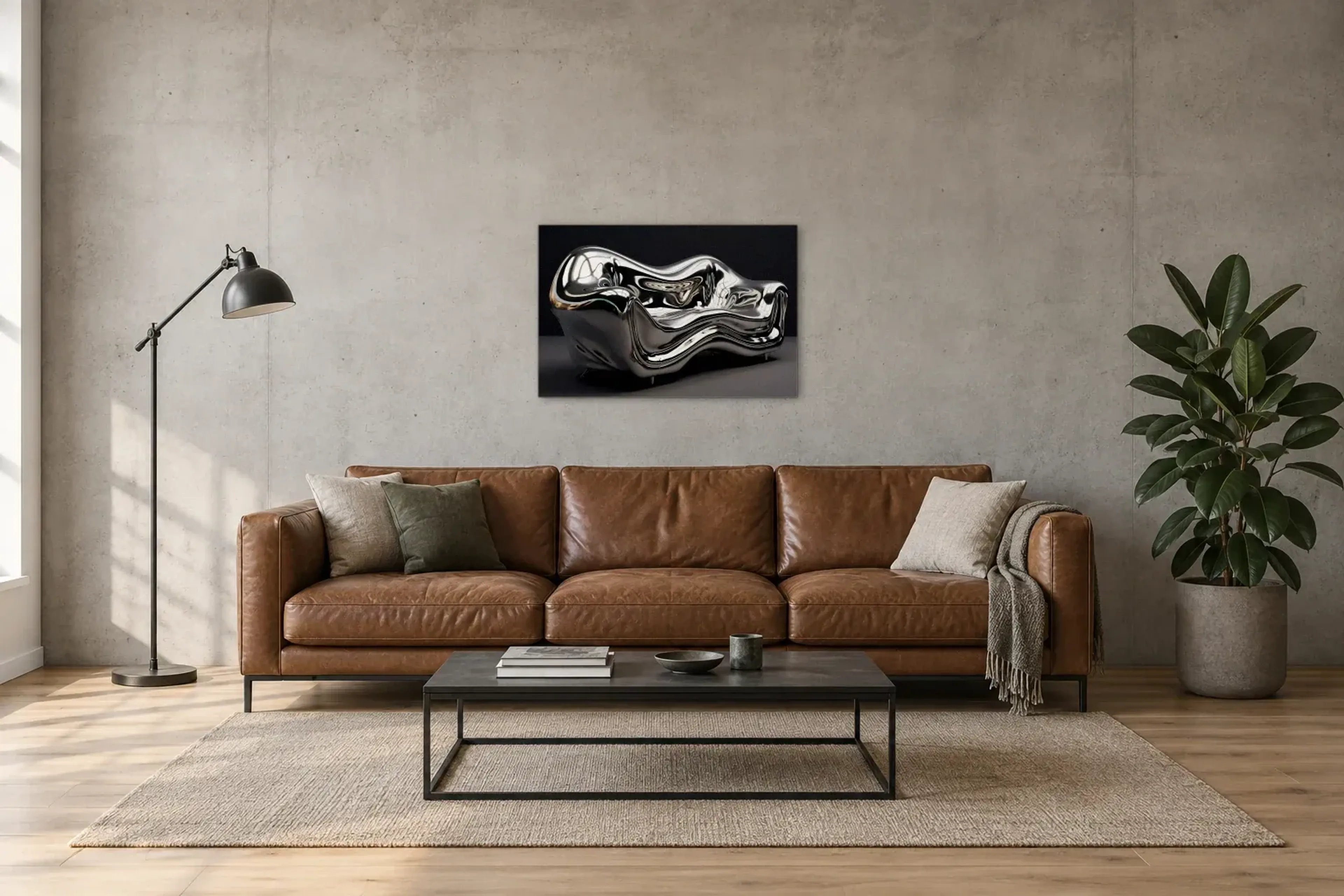 Sofa im Chromglanz als Wandbild über einem 220-cm-Sofa