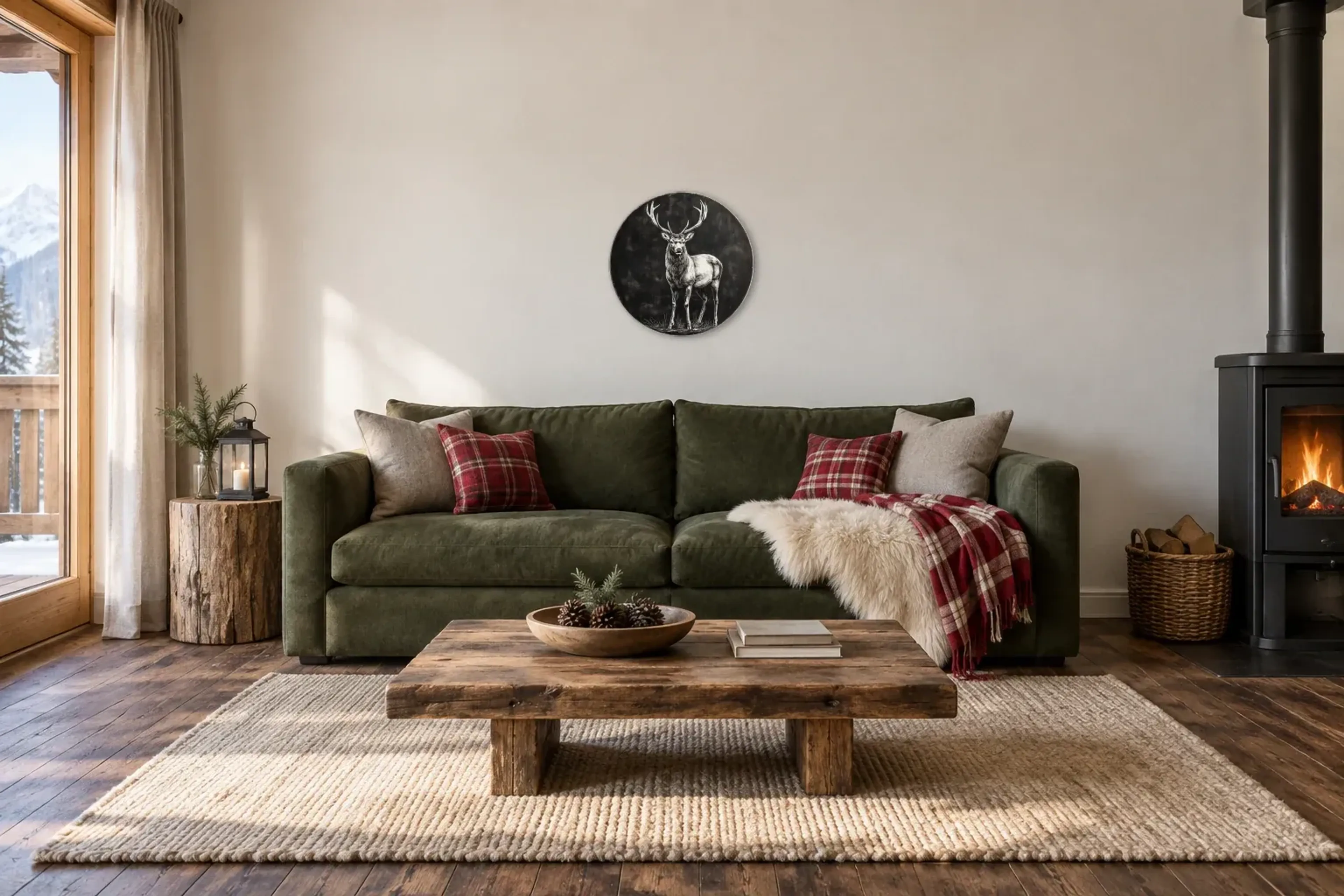 Hirsch als Wandbild über einem 220-cm-Sofa