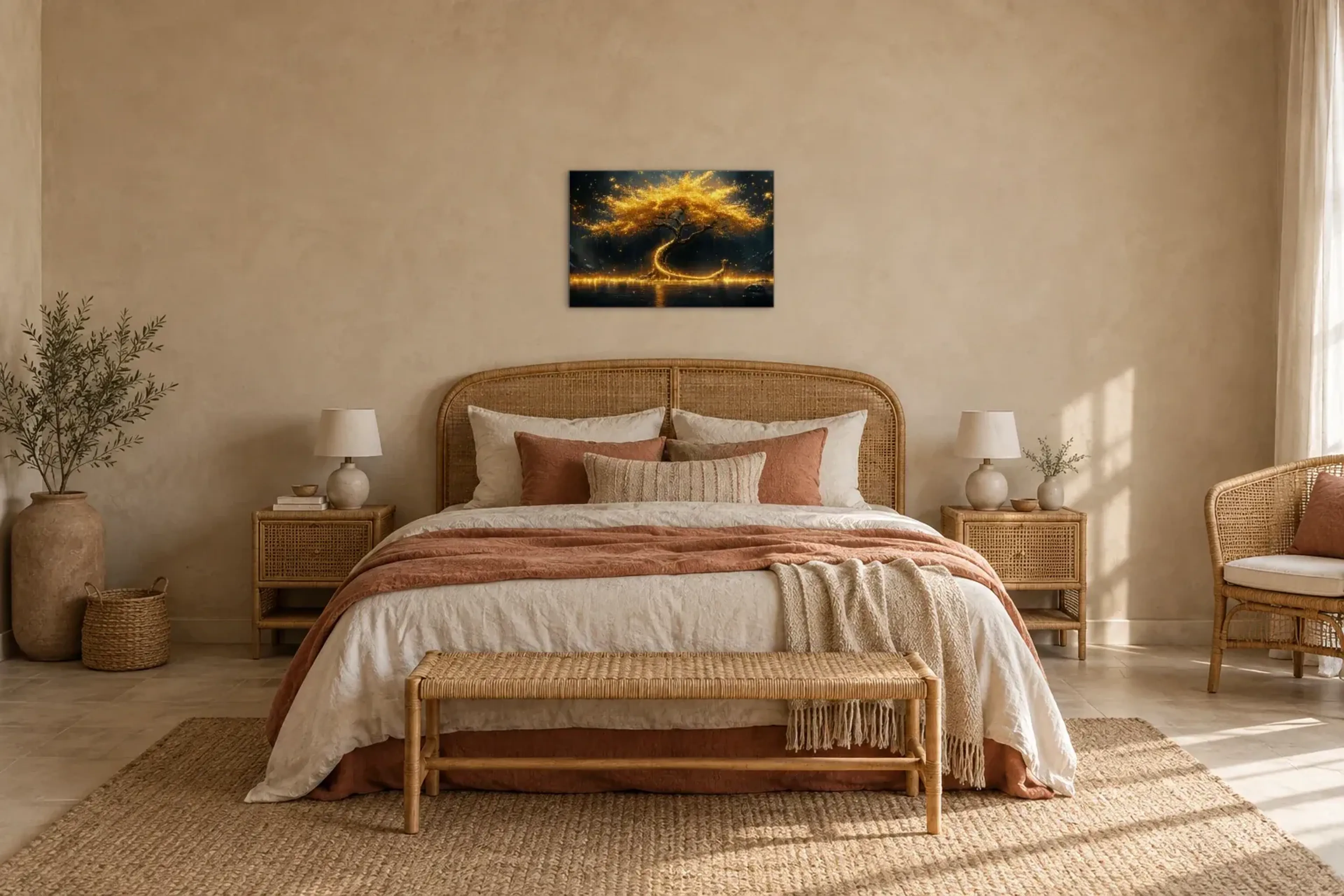 Drachenbaum als Wandbild über einem 180-cm-Bett