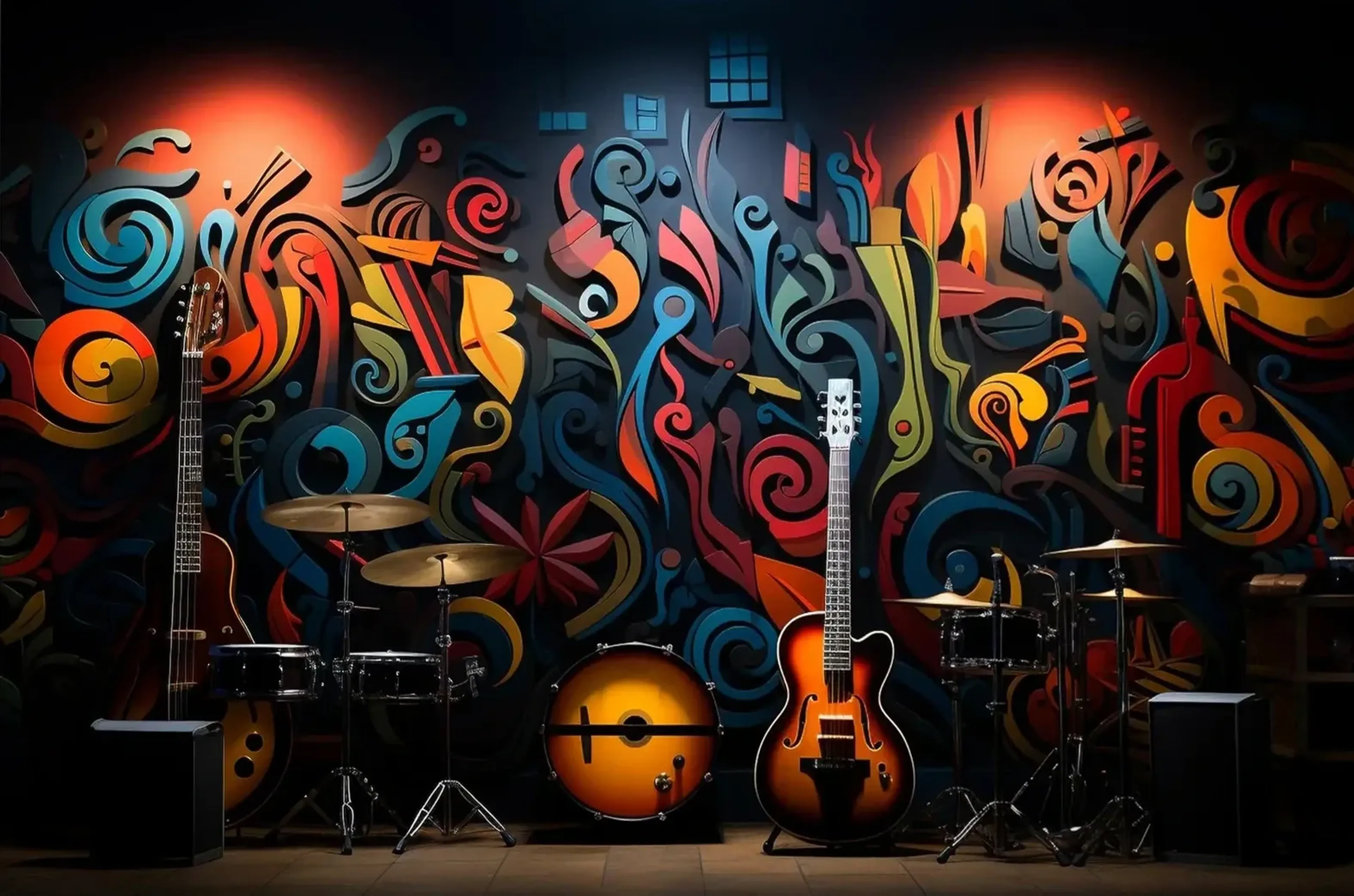 Gitarren, Trommeln und Becken vor einer bunten Graffitiwand unter zwei warmen Lichtkegeln.