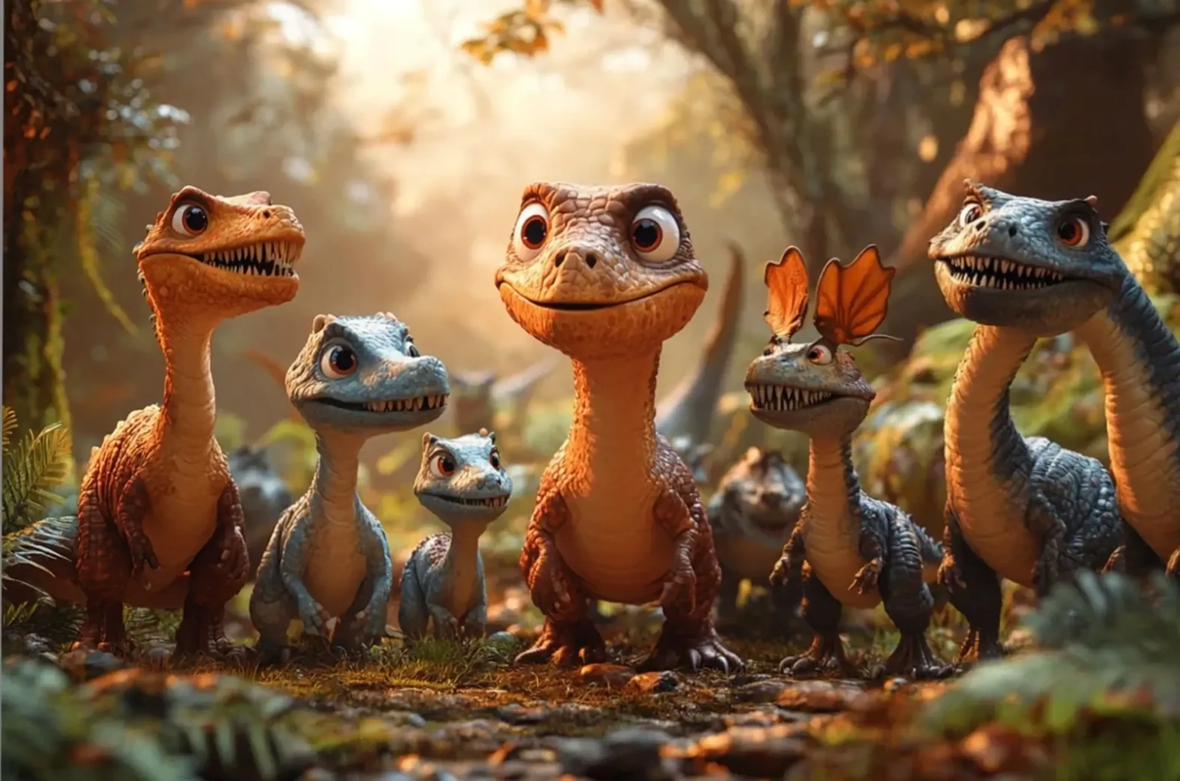 Kleine orangebraune und blaugraue Dinosaurier mit großen Augen stehen im warmen Sonnenlicht auf einem Waldboden.