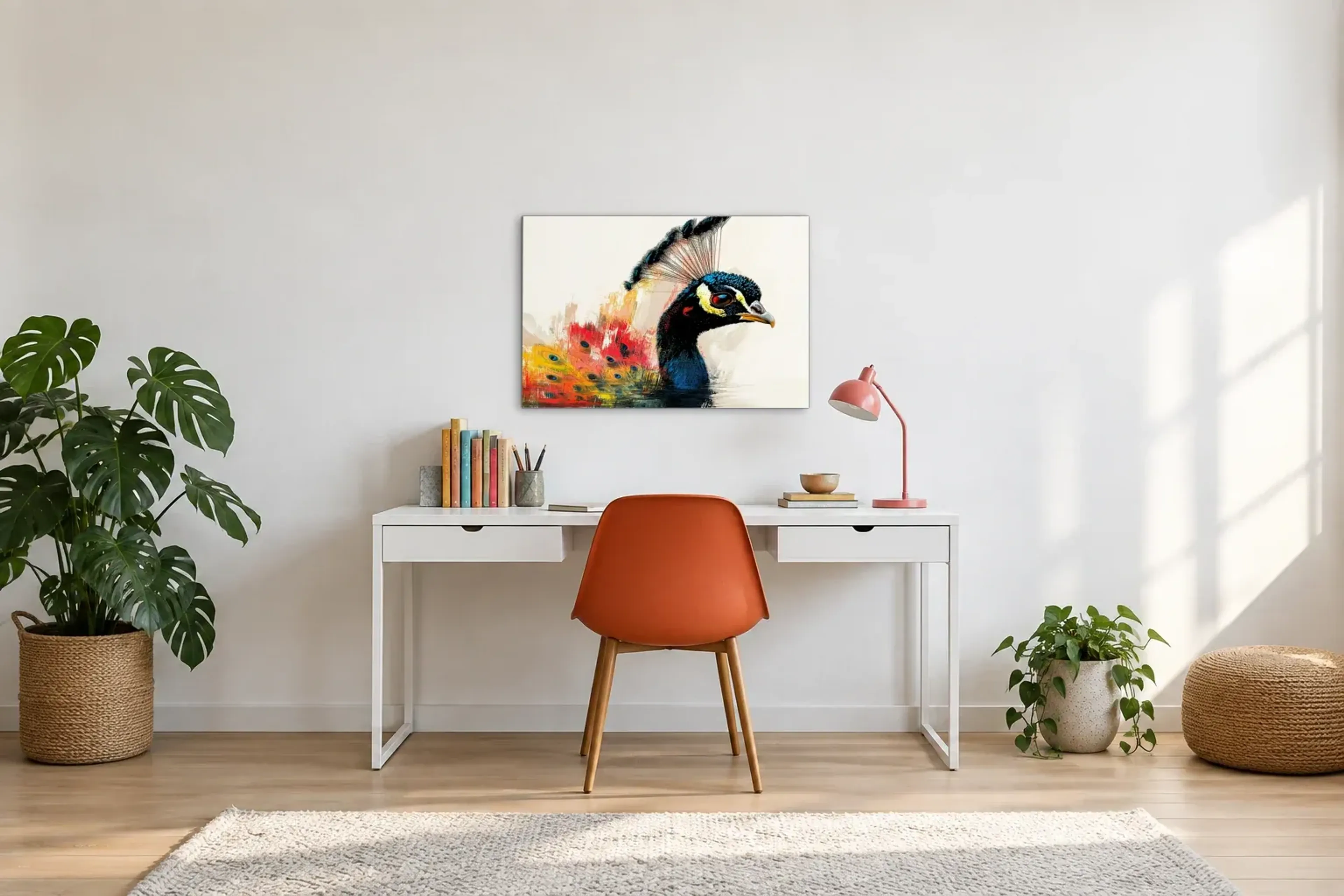 Pfau in leuchtenden Farben als Wandbild über einem 140-cm-Schreibtisch