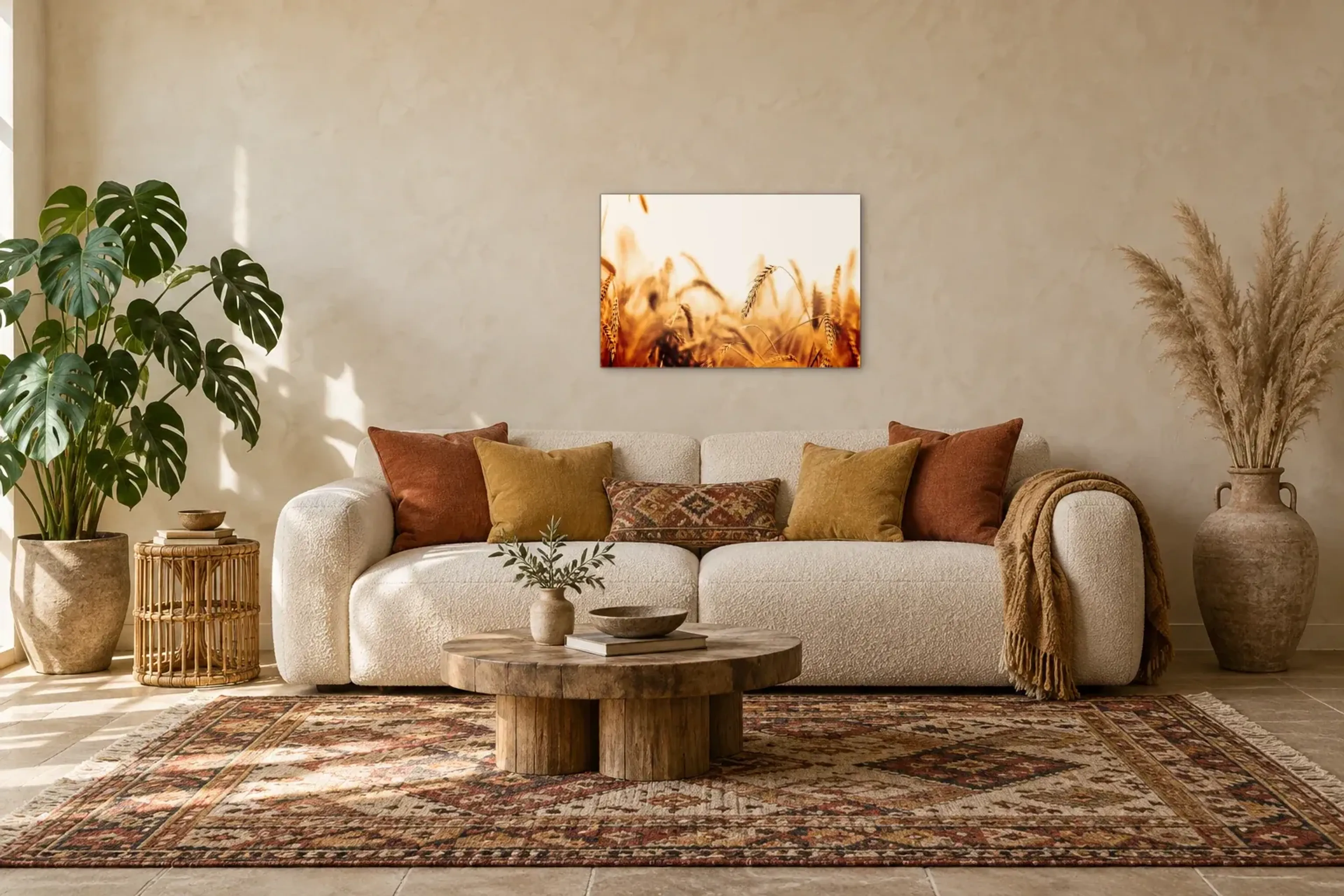 Korn im Sonnenlicht als Wandbild über einem 220-cm-Sofa