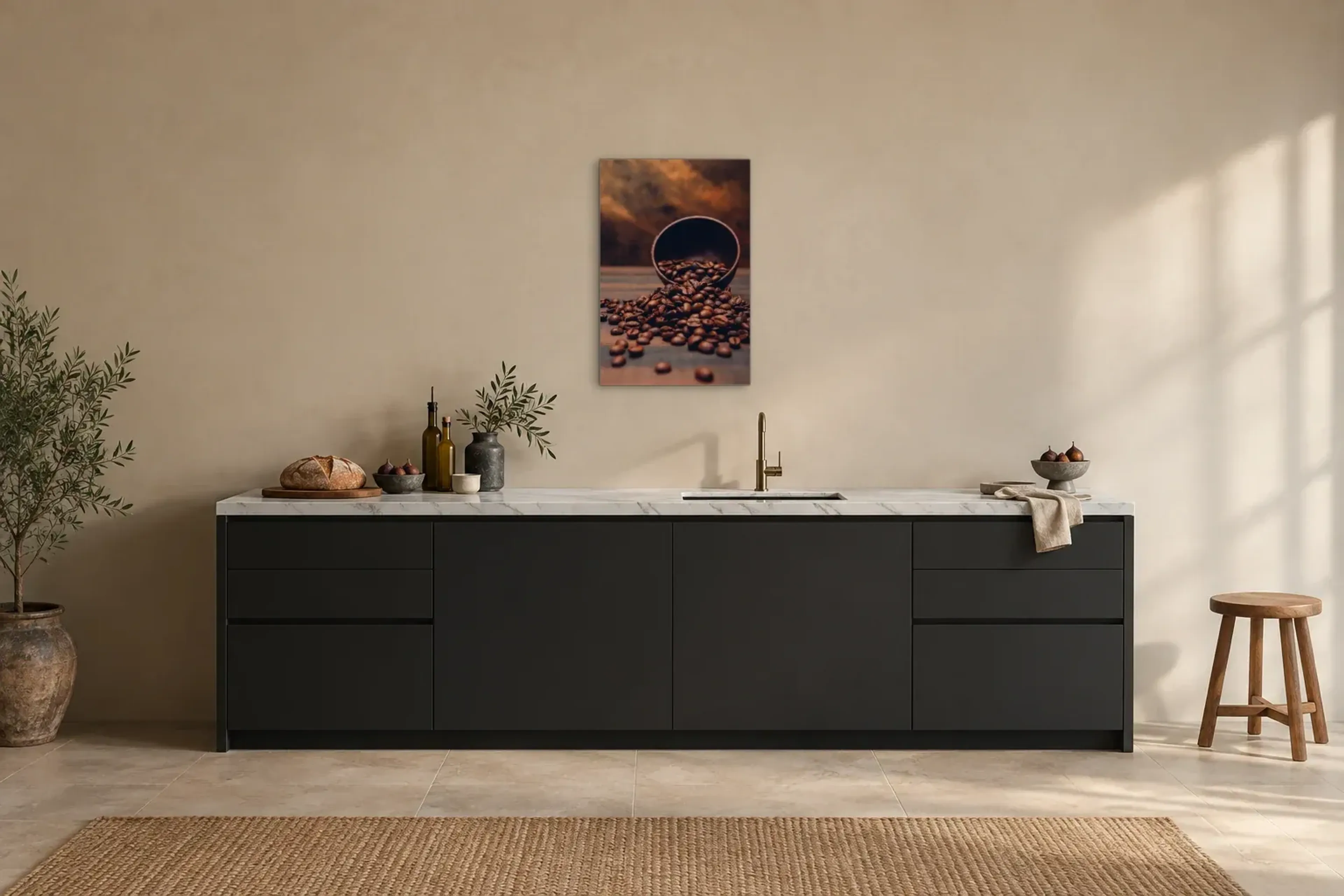Kaffee Schale als Wandbild über einer 200-cm-Arbeitsplatte