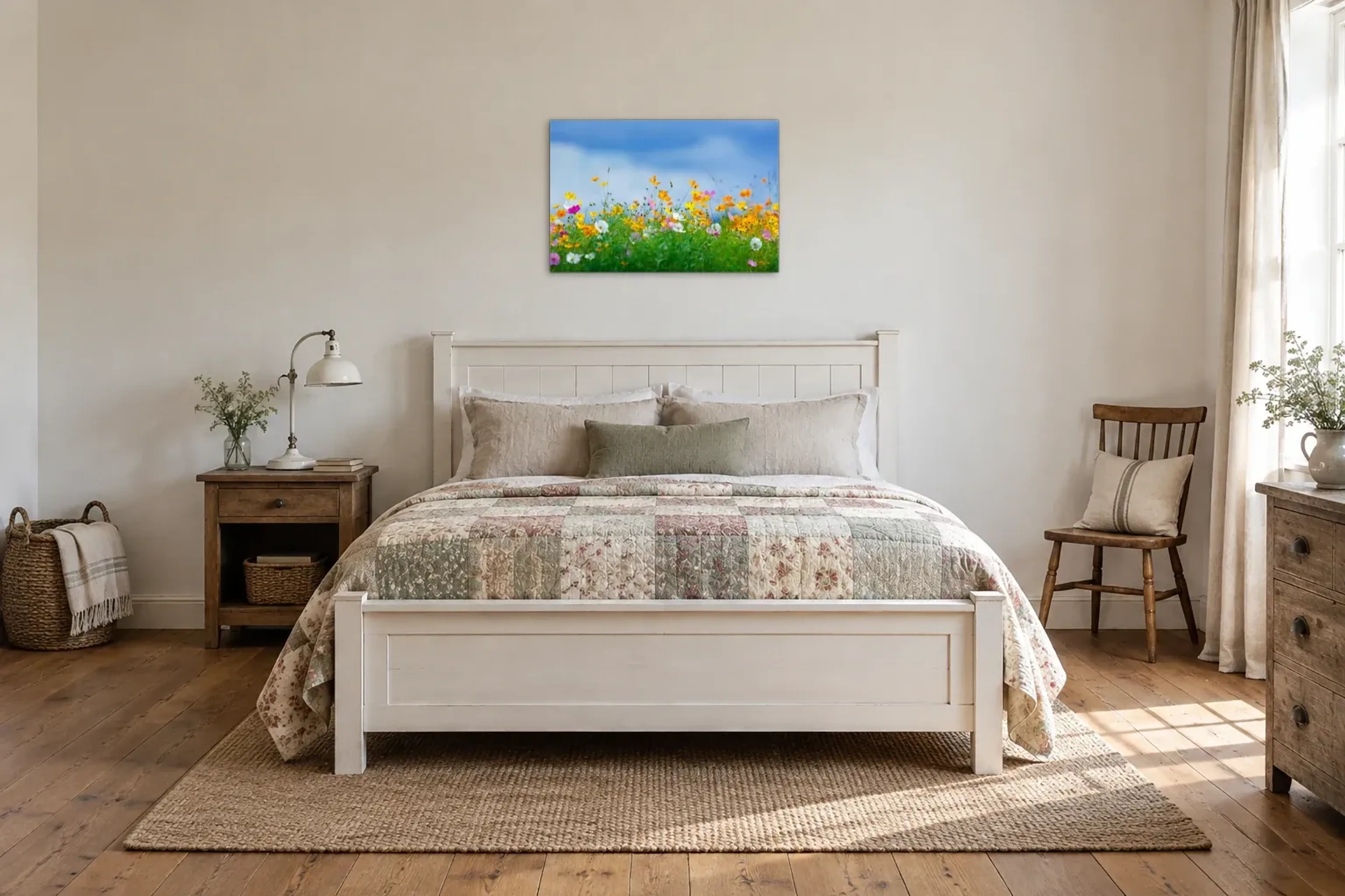 Bunte Blumenwiese als Wandbild über einem 160-cm-Bett
