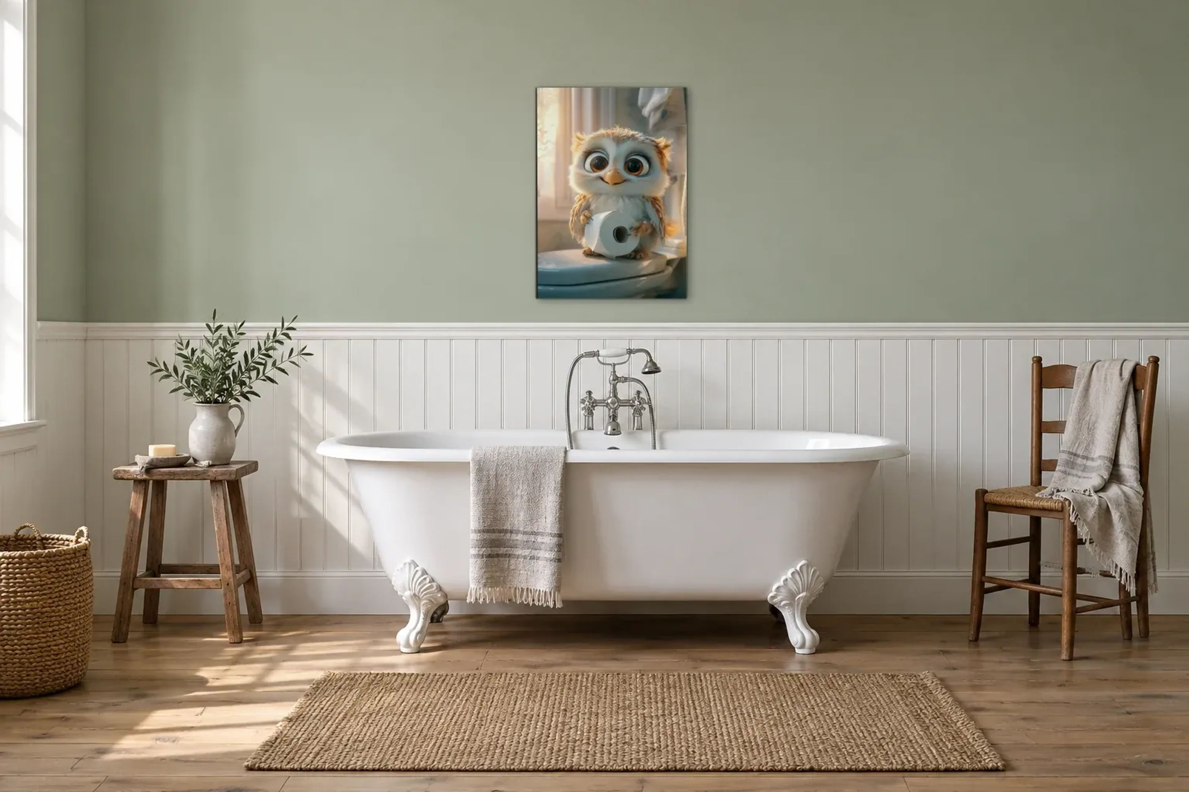 Eule im Morgenlicht als Wandbild über einer 170-cm-Badewanne