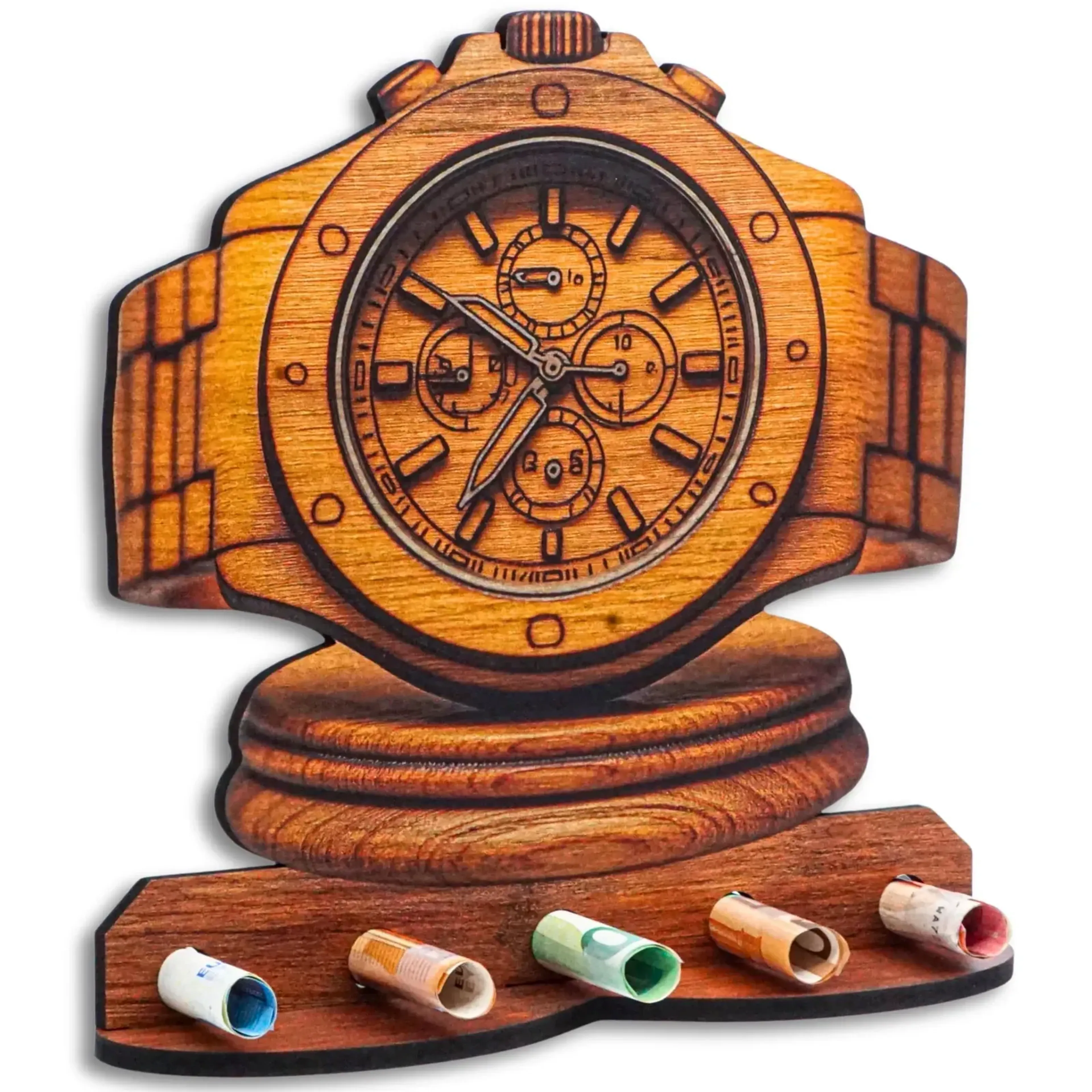 Armbanduhr mit kleinen Zifferblättern und breitem Band in Holzoptik, davor fünf gerollte Geldscheine.