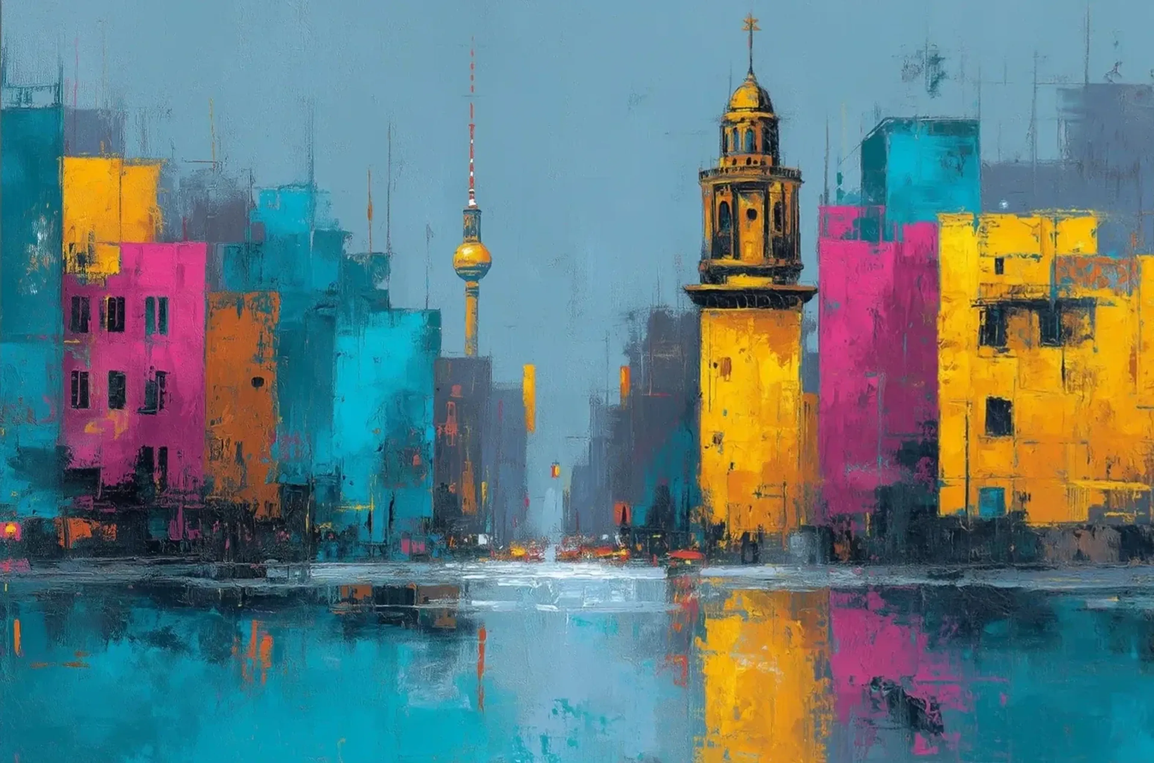 Abstrakte Berliner Stadtansicht in Türkis, Pink und Gelb mit Fernsehturm, goldfarbenem Turm und Wasserspiegelungen.