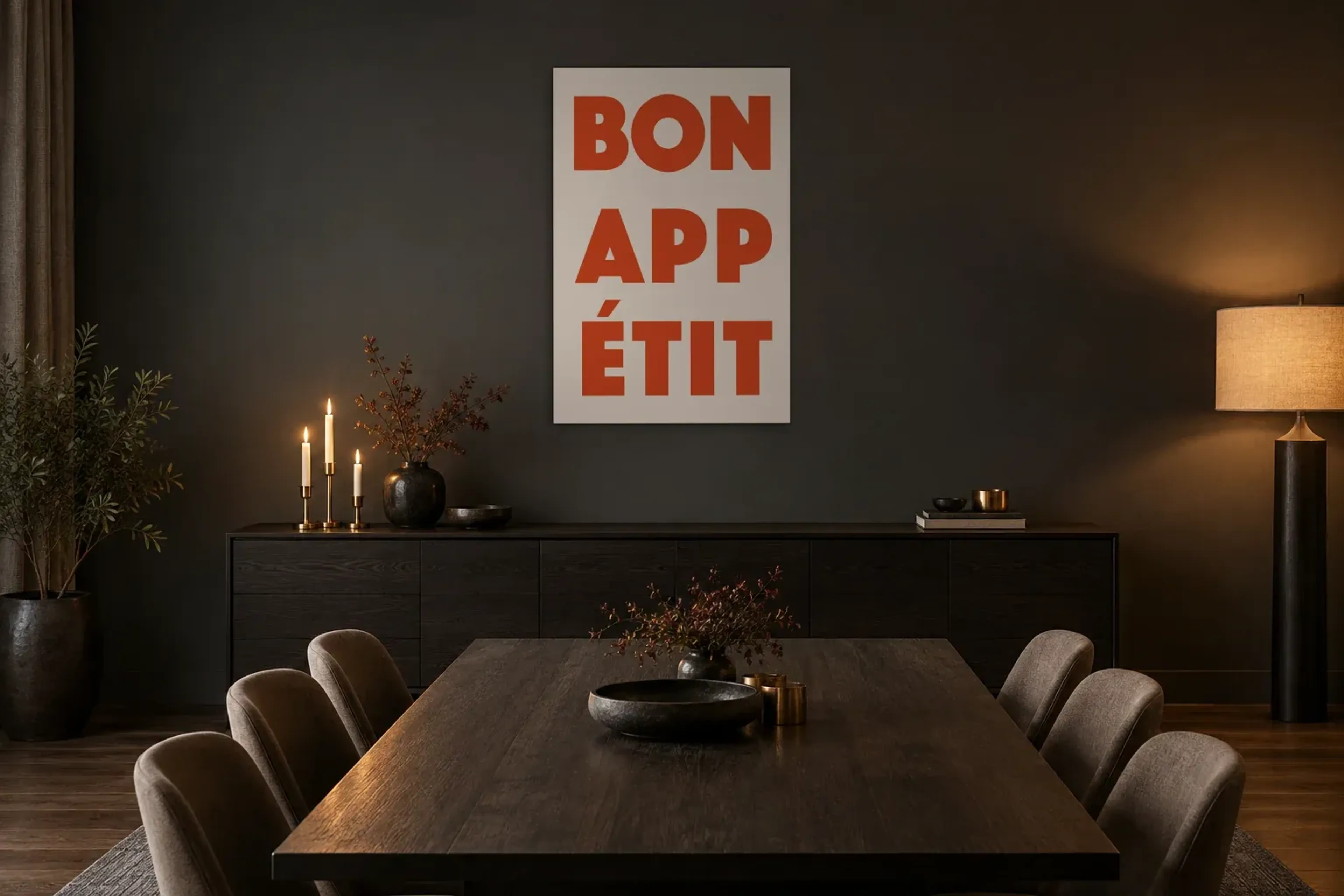 Bon Appetit als Wandbild über einem 180-cm-Sideboard