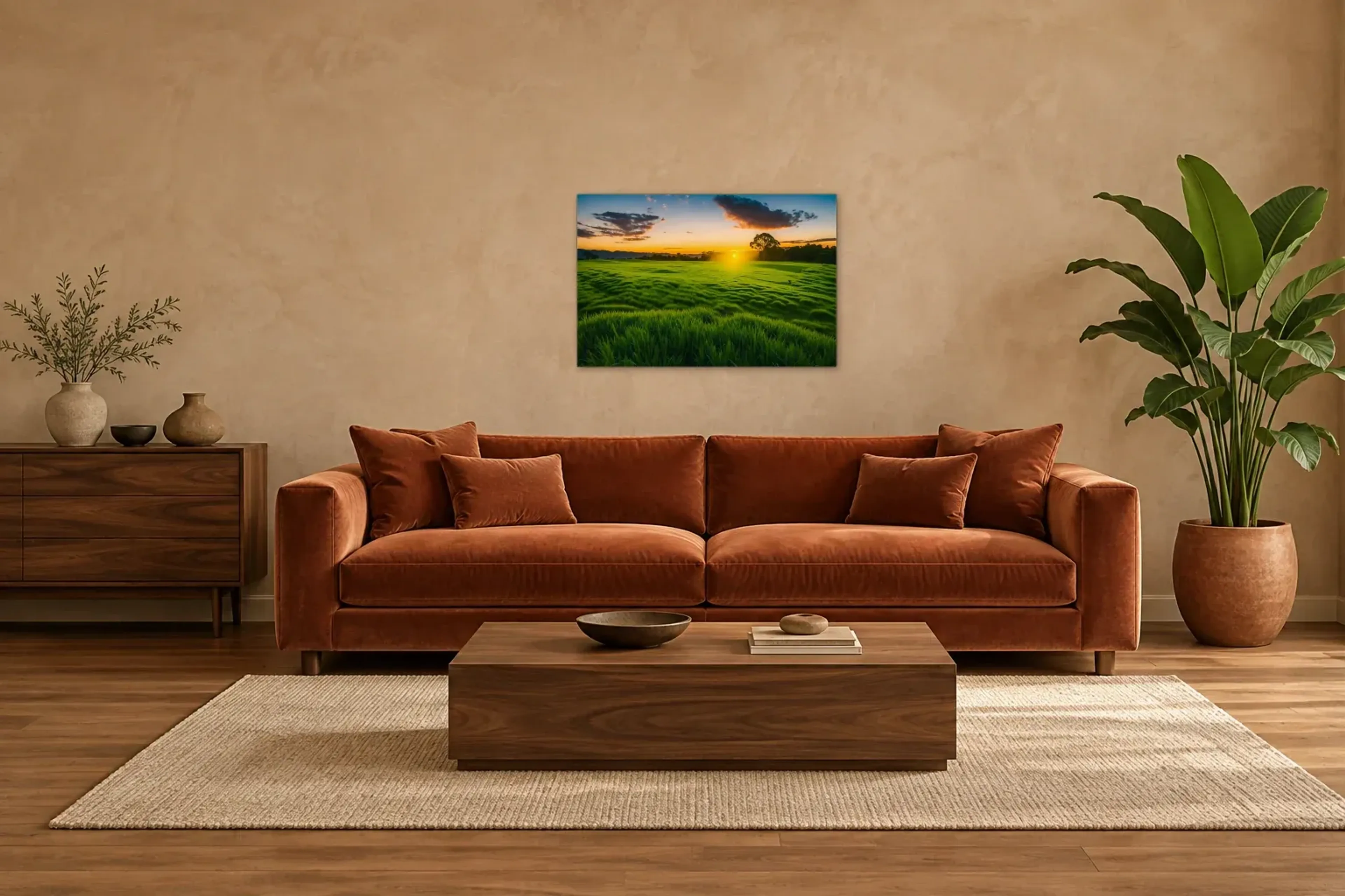 Wiese im Abendlicht als Wandbild über einem 220-cm-Sofa