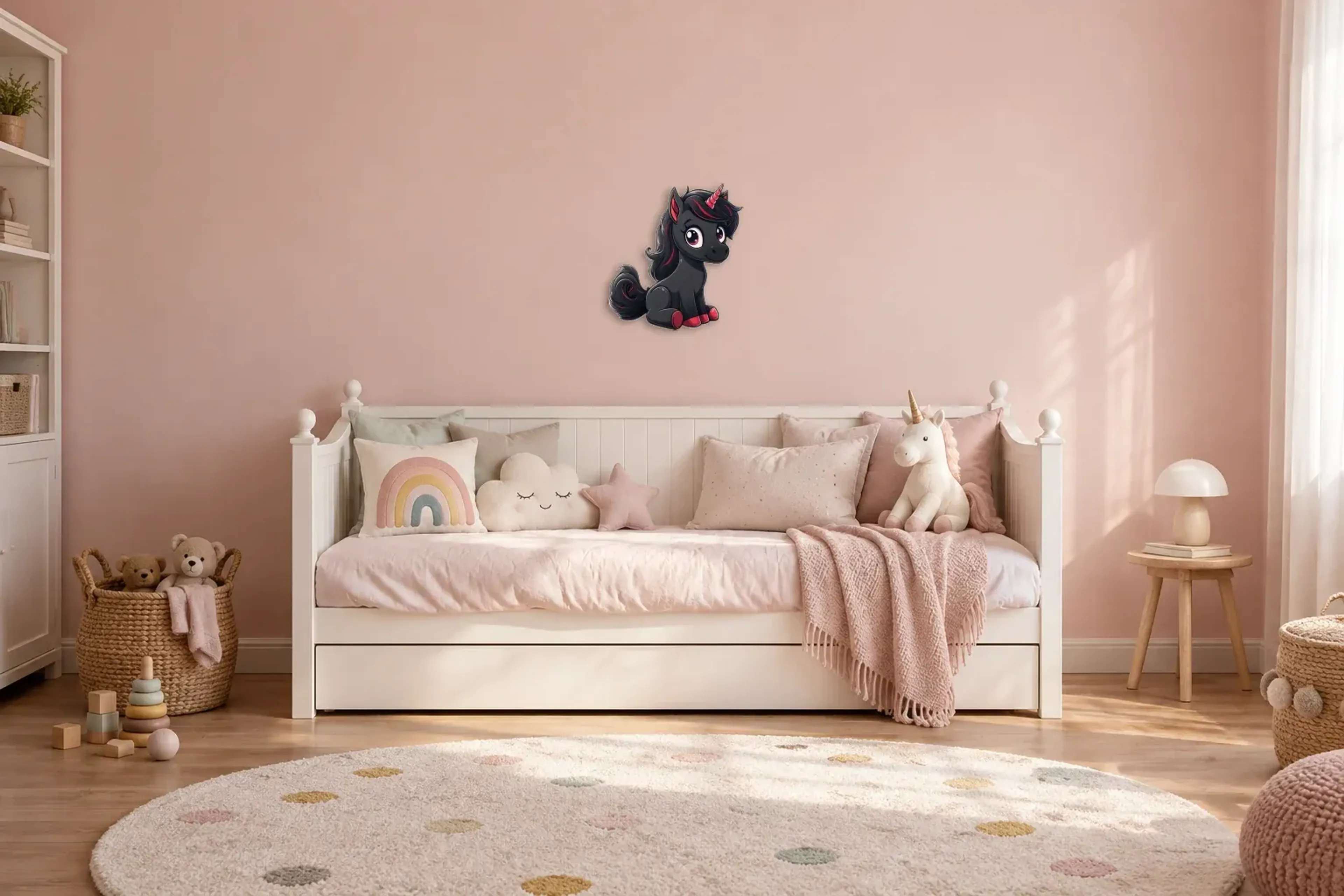 Einhorn schwarz/rot als Wandbild über einem 200-cm-Kinderbett