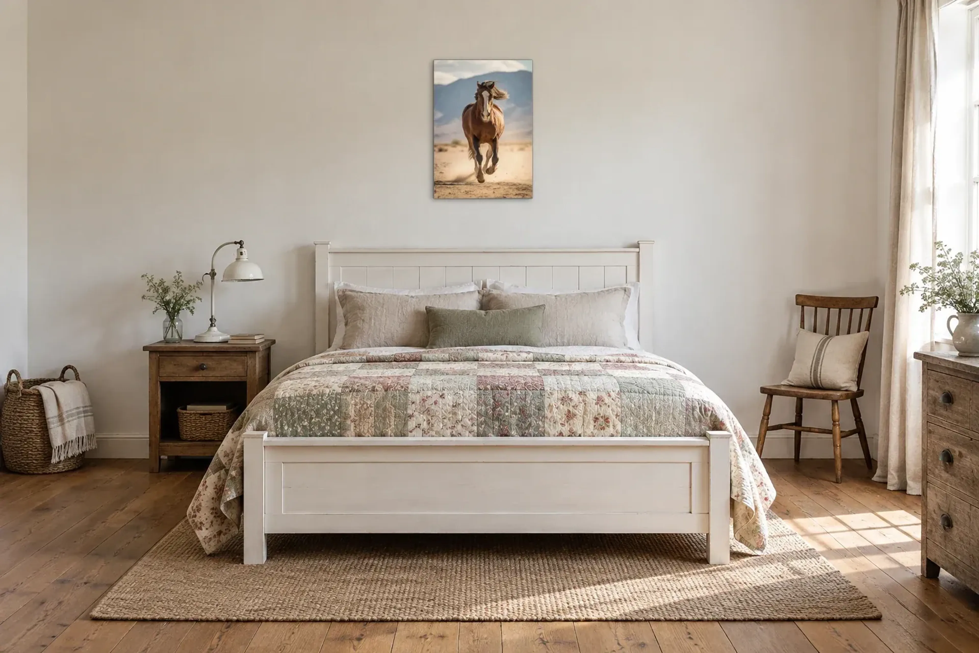 Galopp durch den Staub als Wandbild über einem 160-cm-Bett