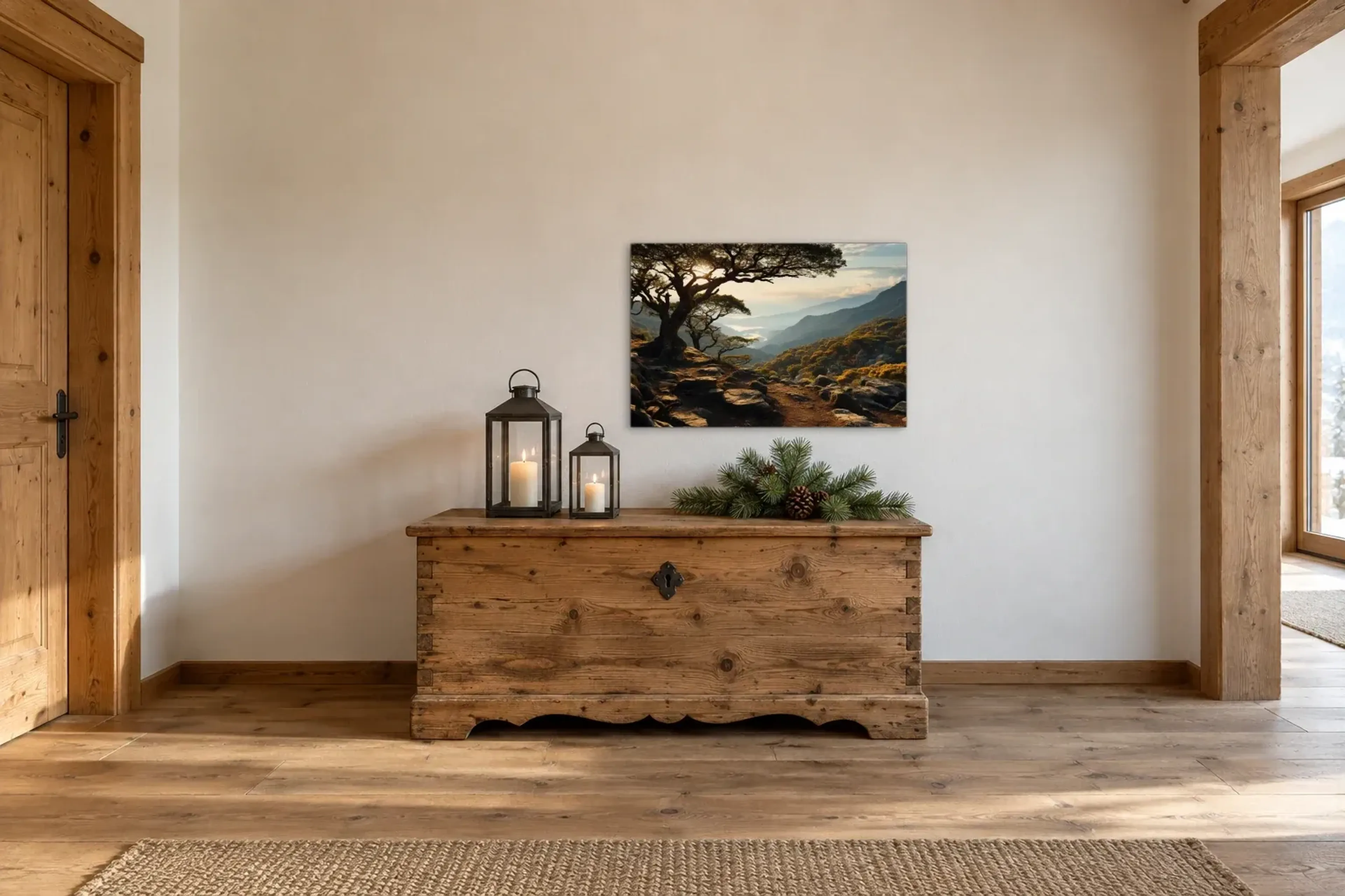 Ausblick ins Tal als Wandbild über einer 140-cm-Truhe