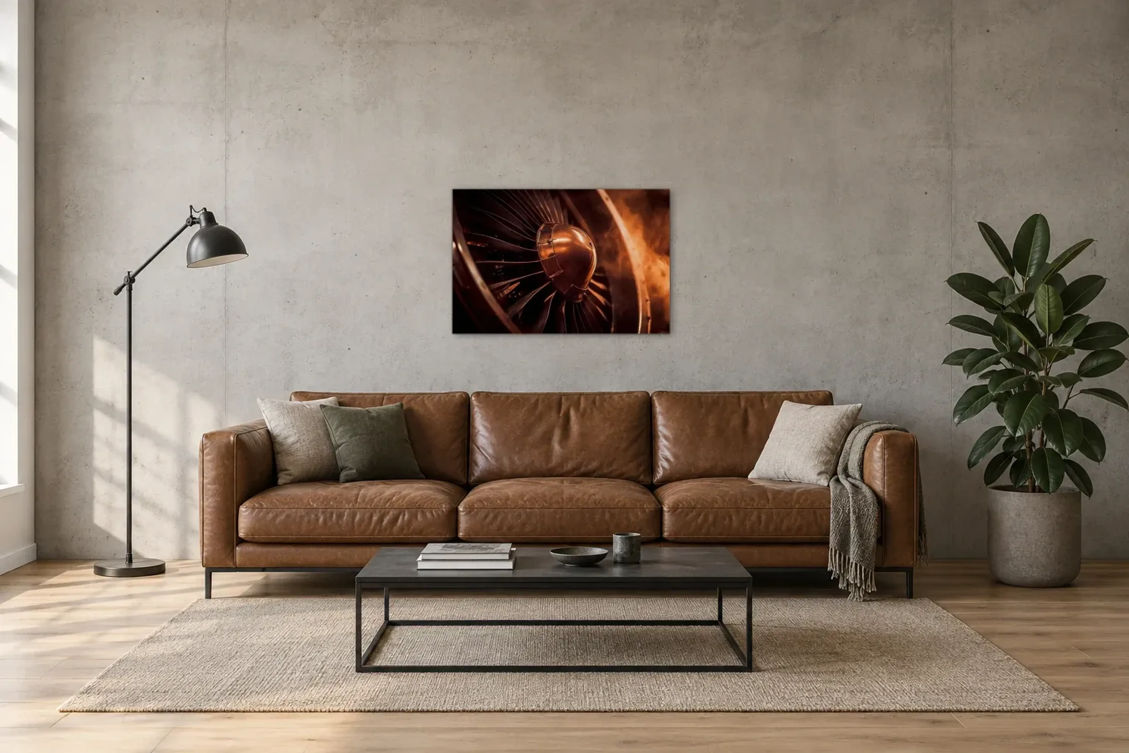 Flugzeug Turbine als Wandbild über einem 220-cm-Sofa