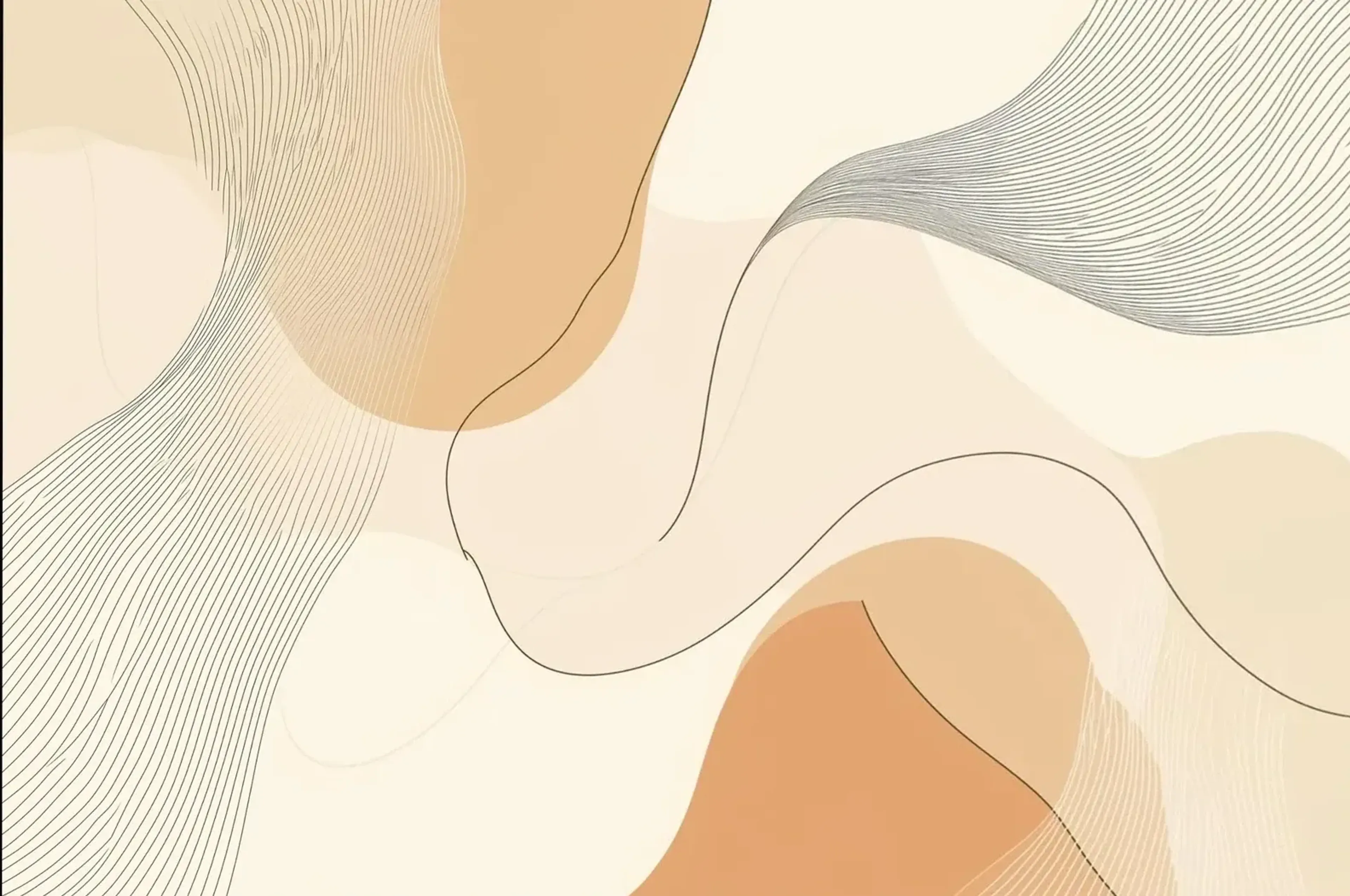 Feine geschwungene Linien über organischen Farbflächen in Creme, Sand und Apricot.