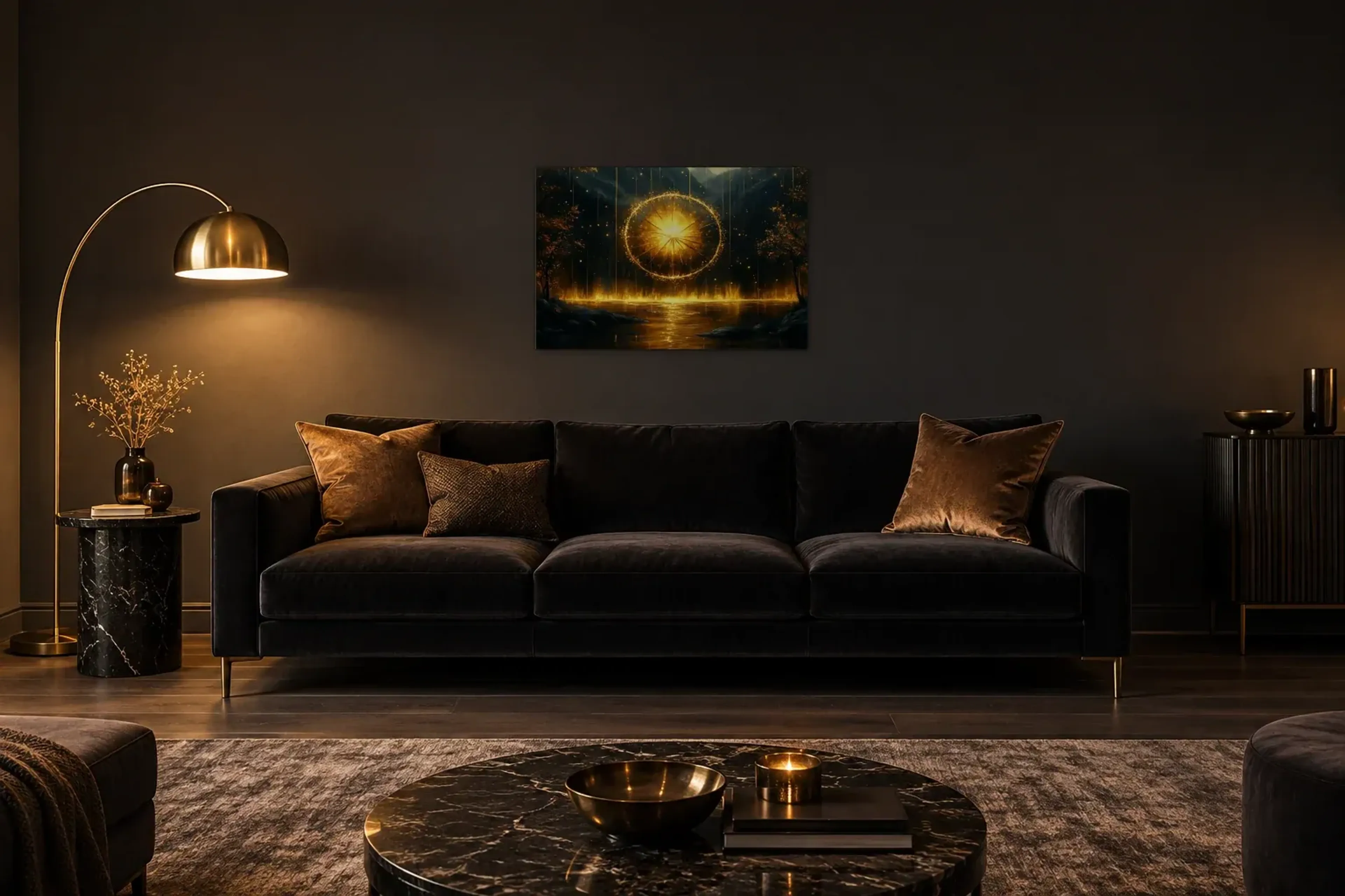 Sonnenrad als Wandbild über einem 220-cm-Sofa