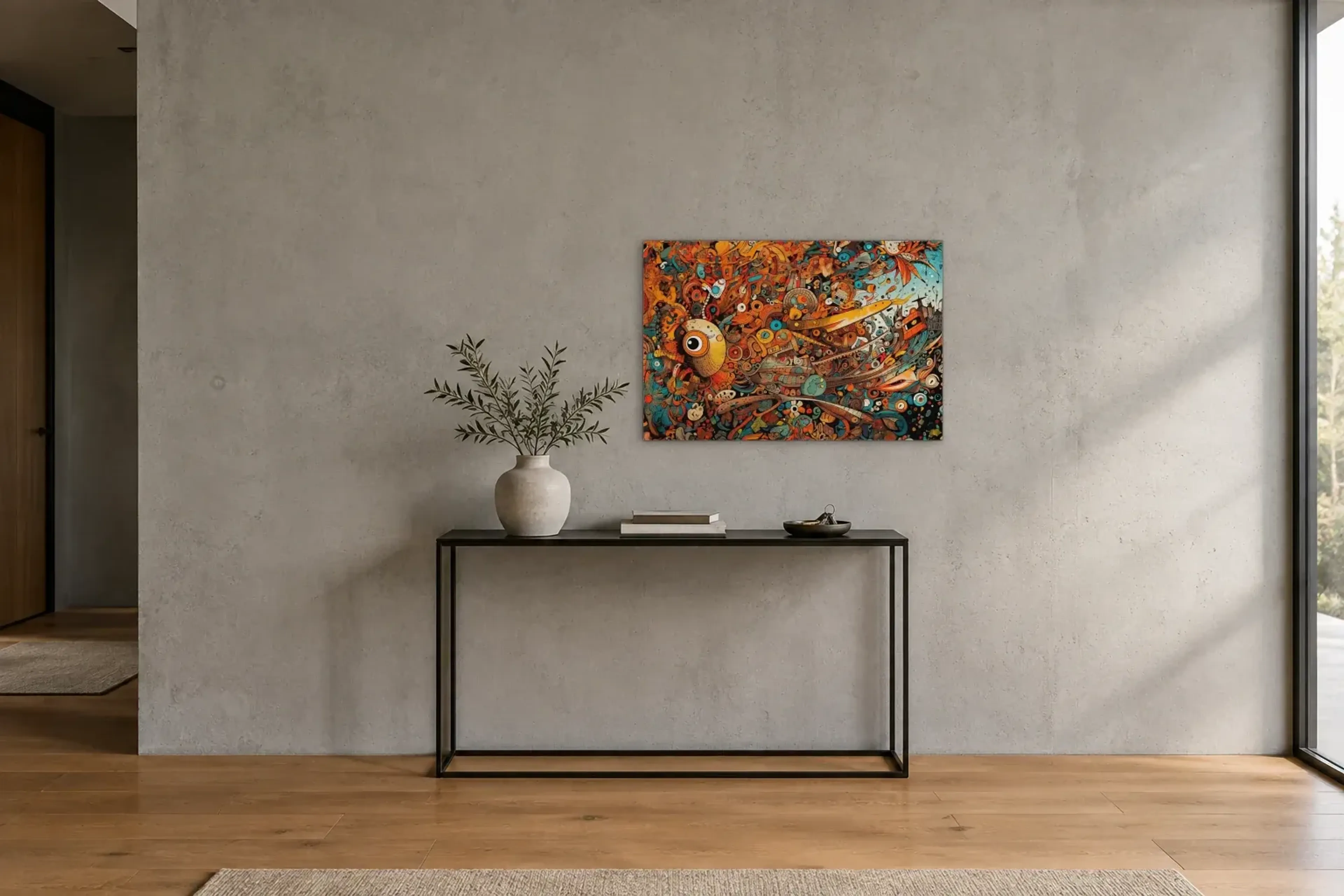 Wirbel der Fantasiewesen als Wandbild über einer 120-cm-Konsole