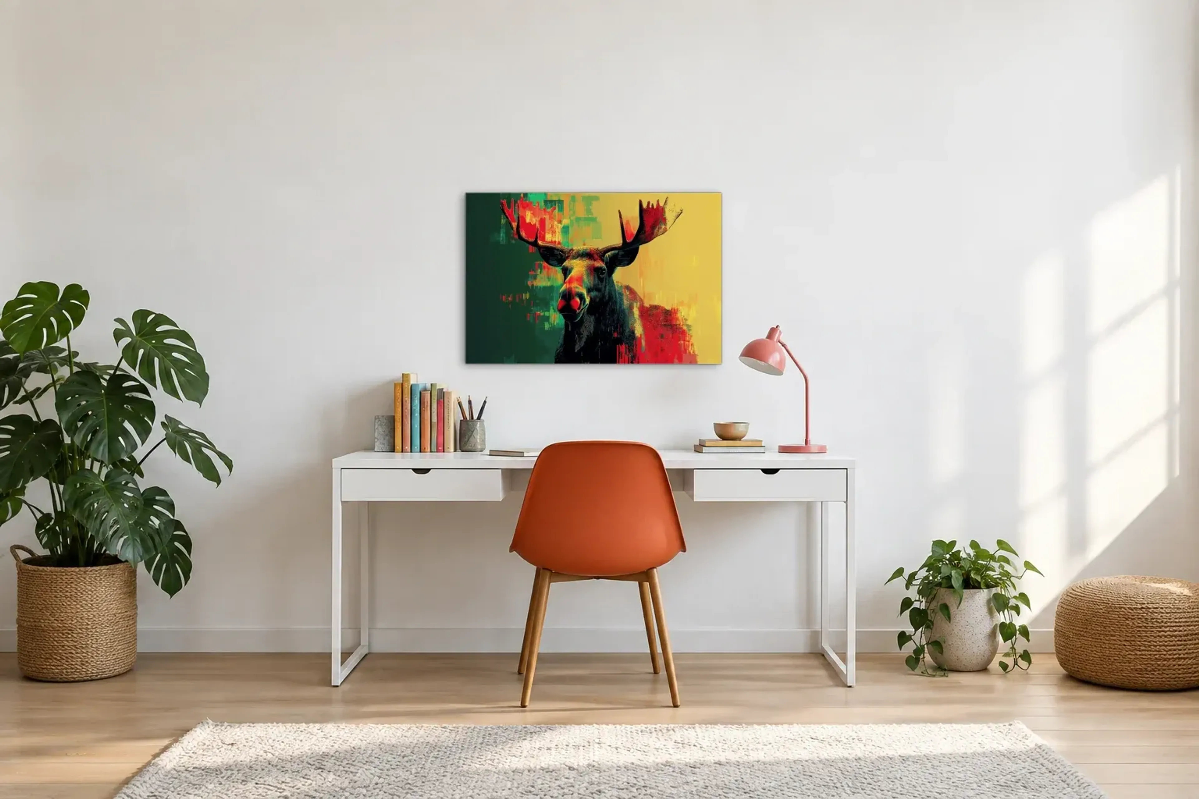 Elch vor Gelb und Grün als Wandbild über einem 140-cm-Schreibtisch