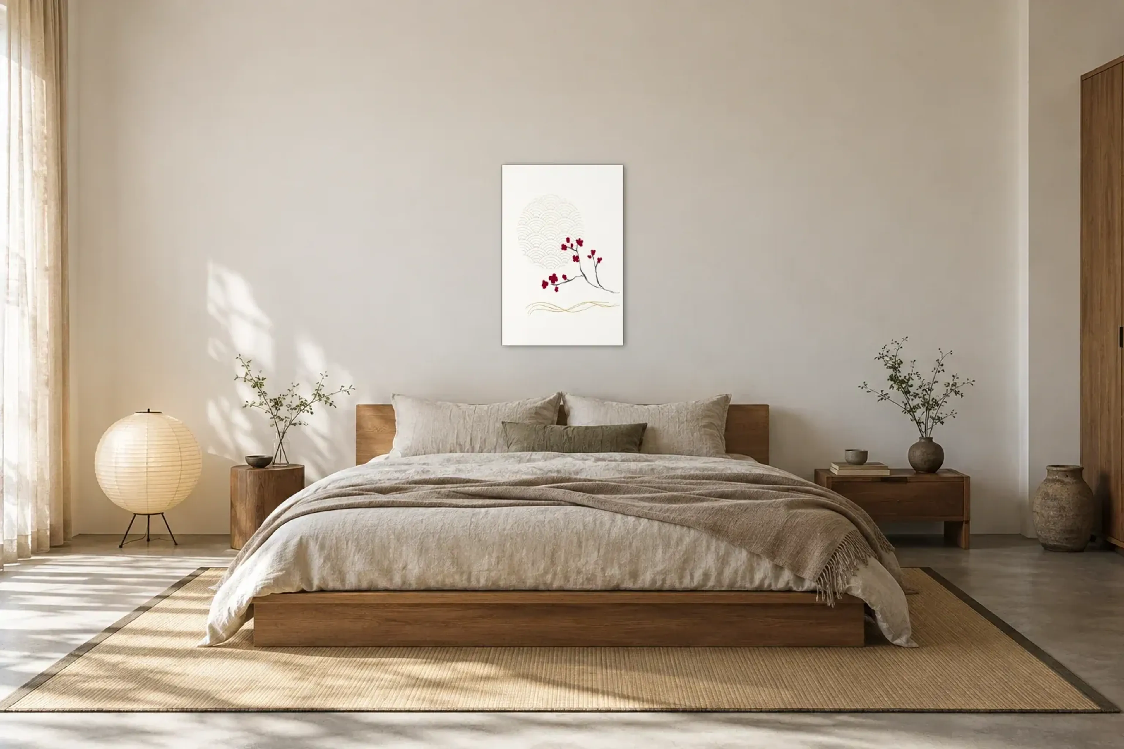 Blüten vor Wellenkreis als Wandbild über einem 180-cm-Bett