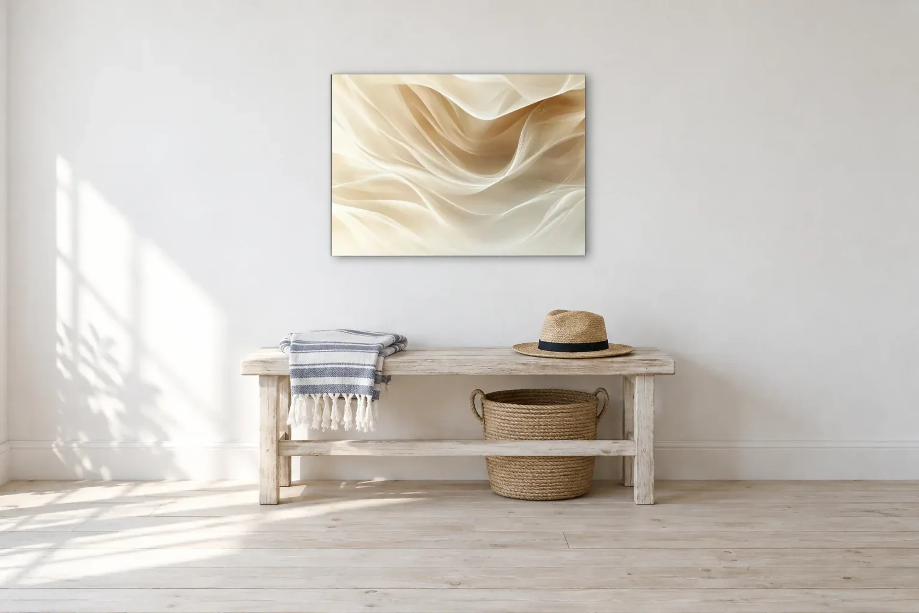 Sanfte Lichtwellen als Wandbild über einer 100-cm-Bank