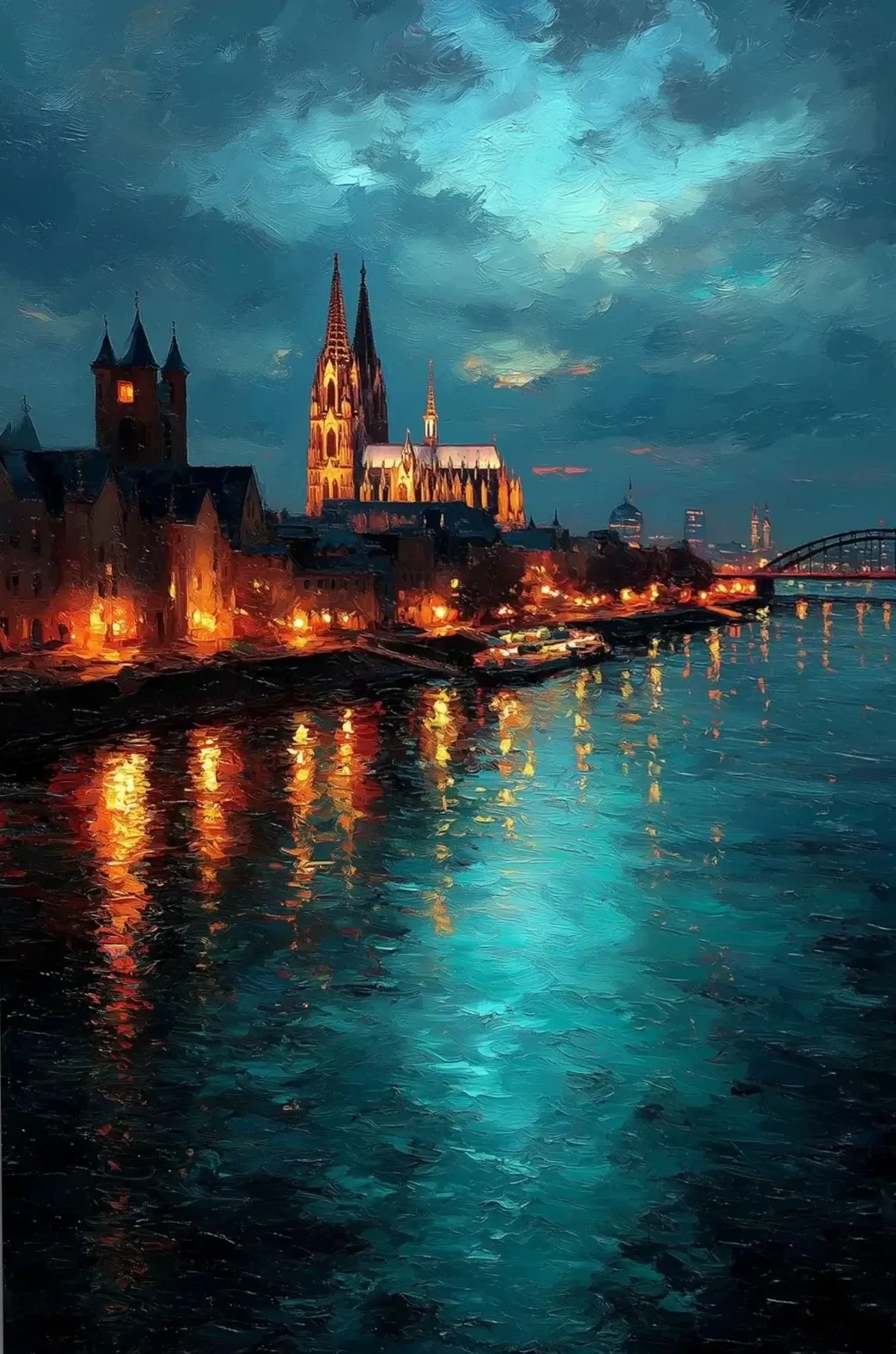 Beleuchteter Kölner Dom und Rheinufer unter türkisblauen Wolken mit goldorangefarbenen Spiegelungen im Wasser.