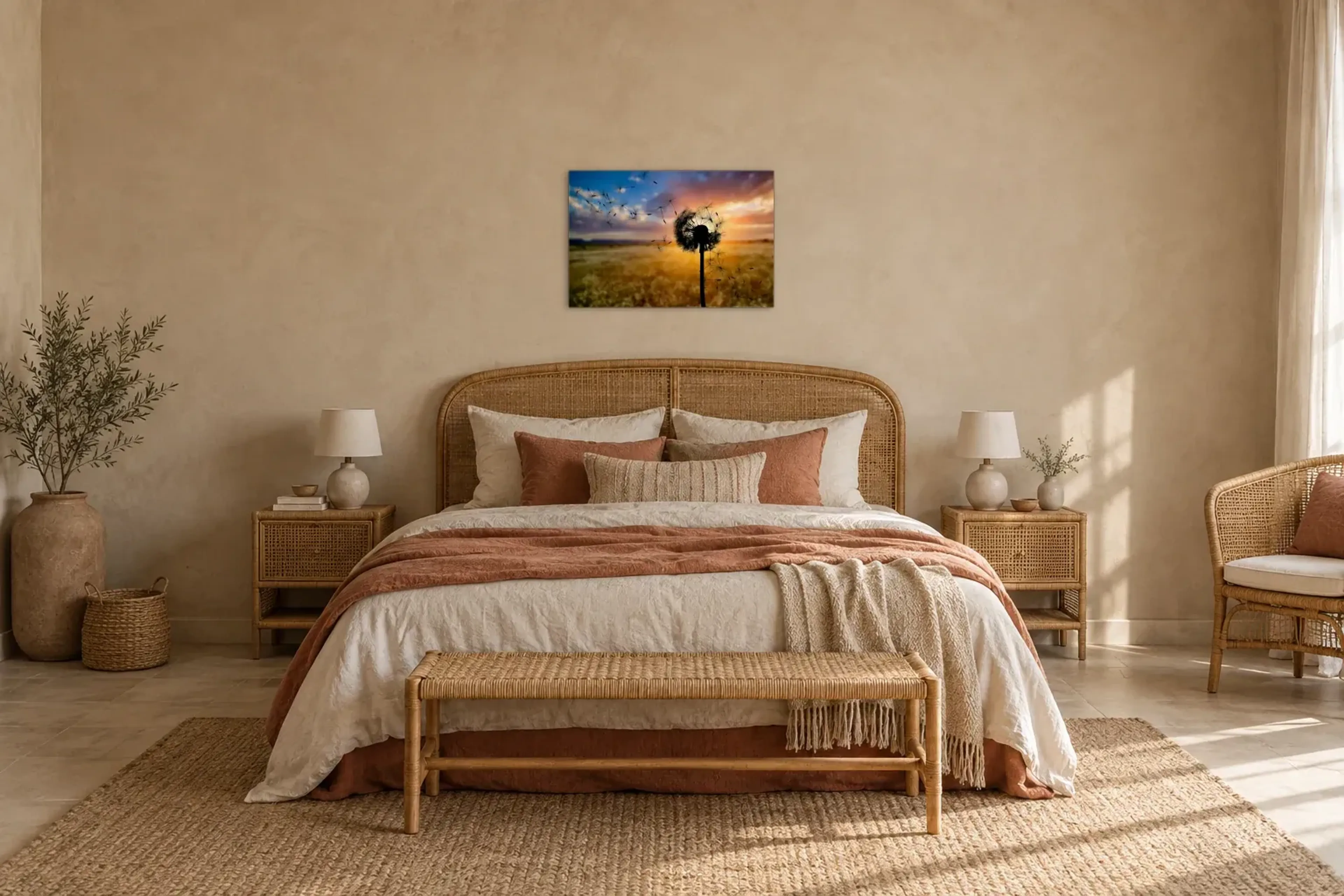 Pusteblume im Abendlicht als Wandbild über einem 180-cm-Bett