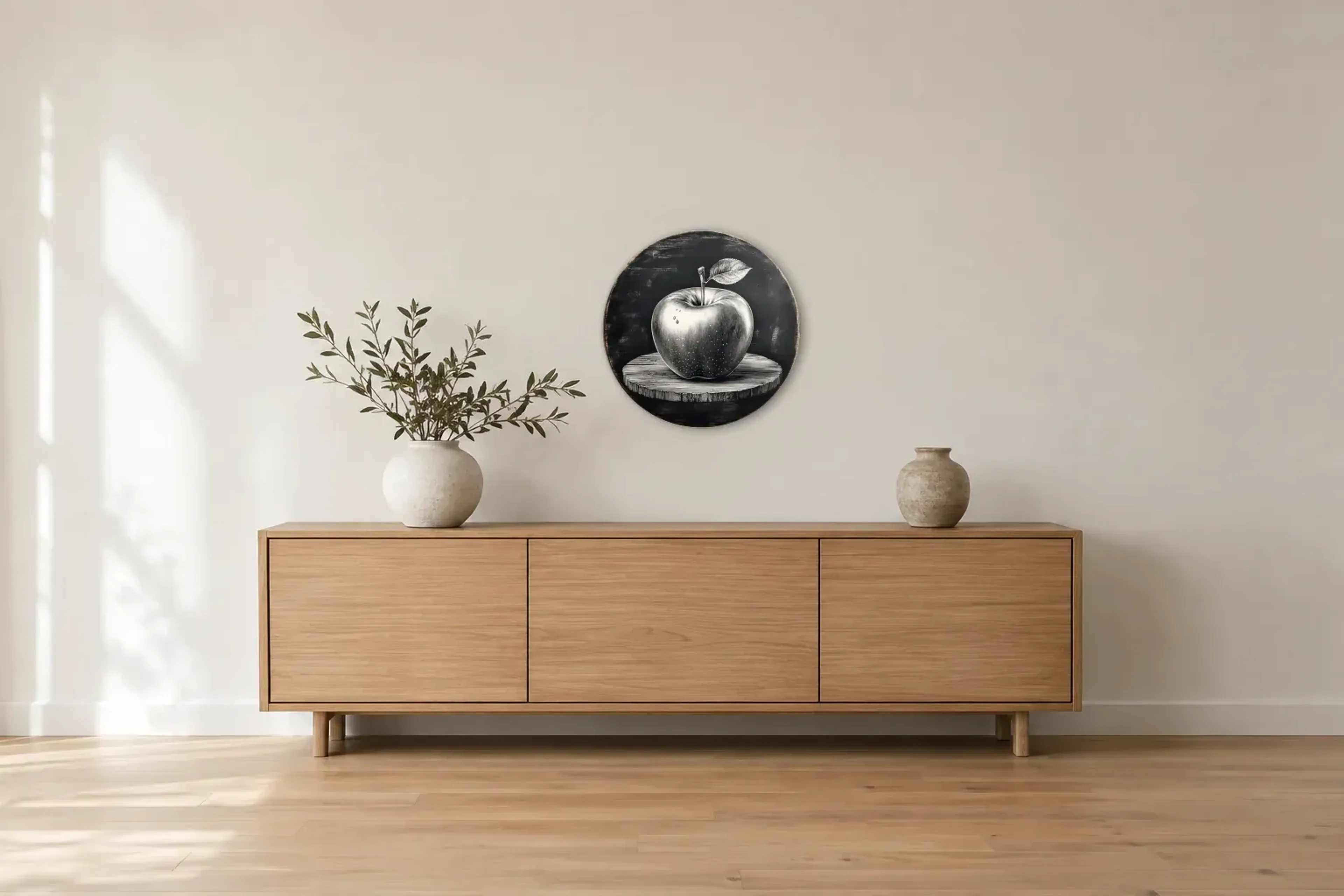 Apfel mit Blatt als Wandbild über einem 180-cm-Sideboard