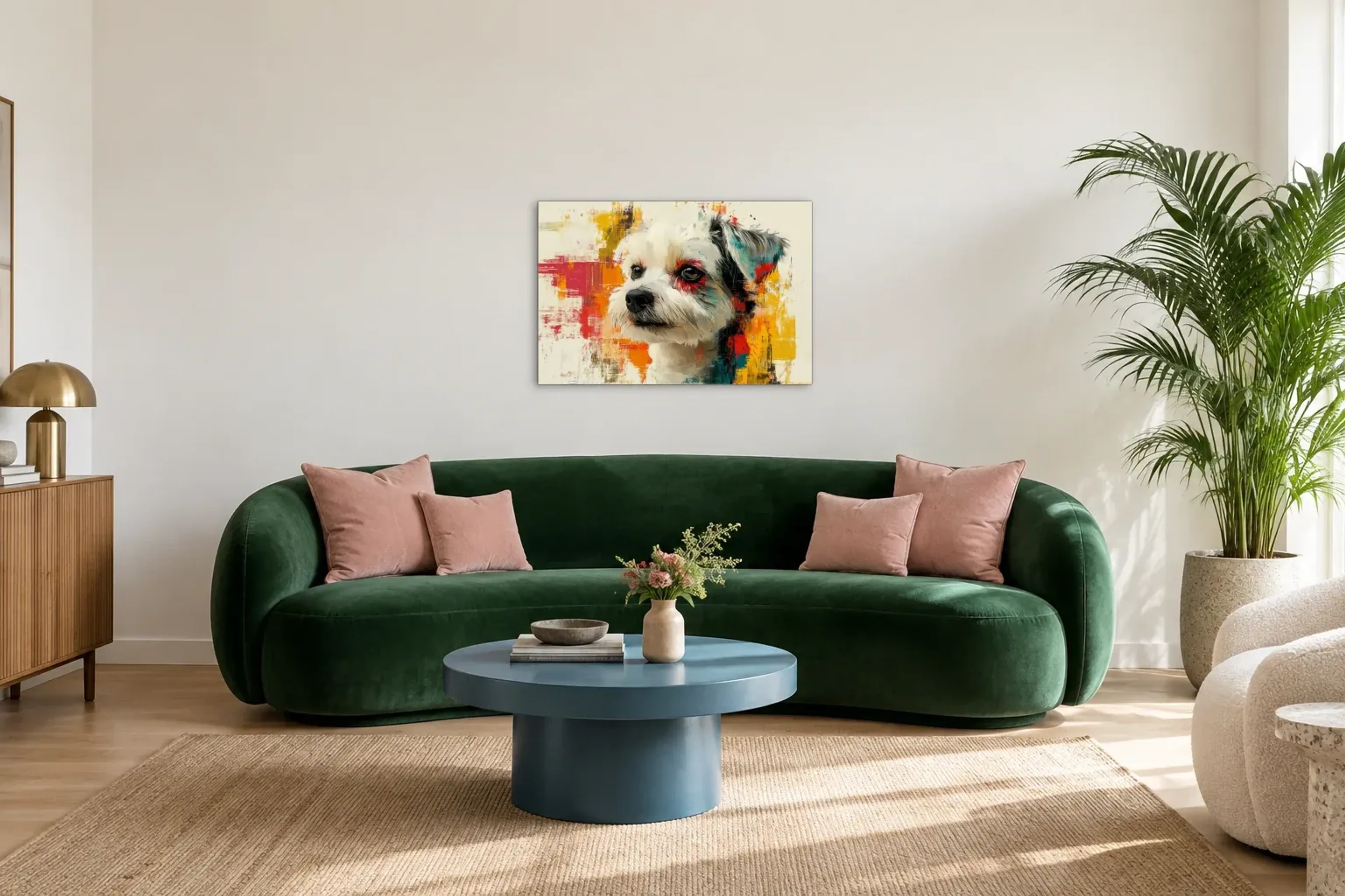 Malteser in bunten Pinselspuren als Wandbild über einem 220-cm-Sofa